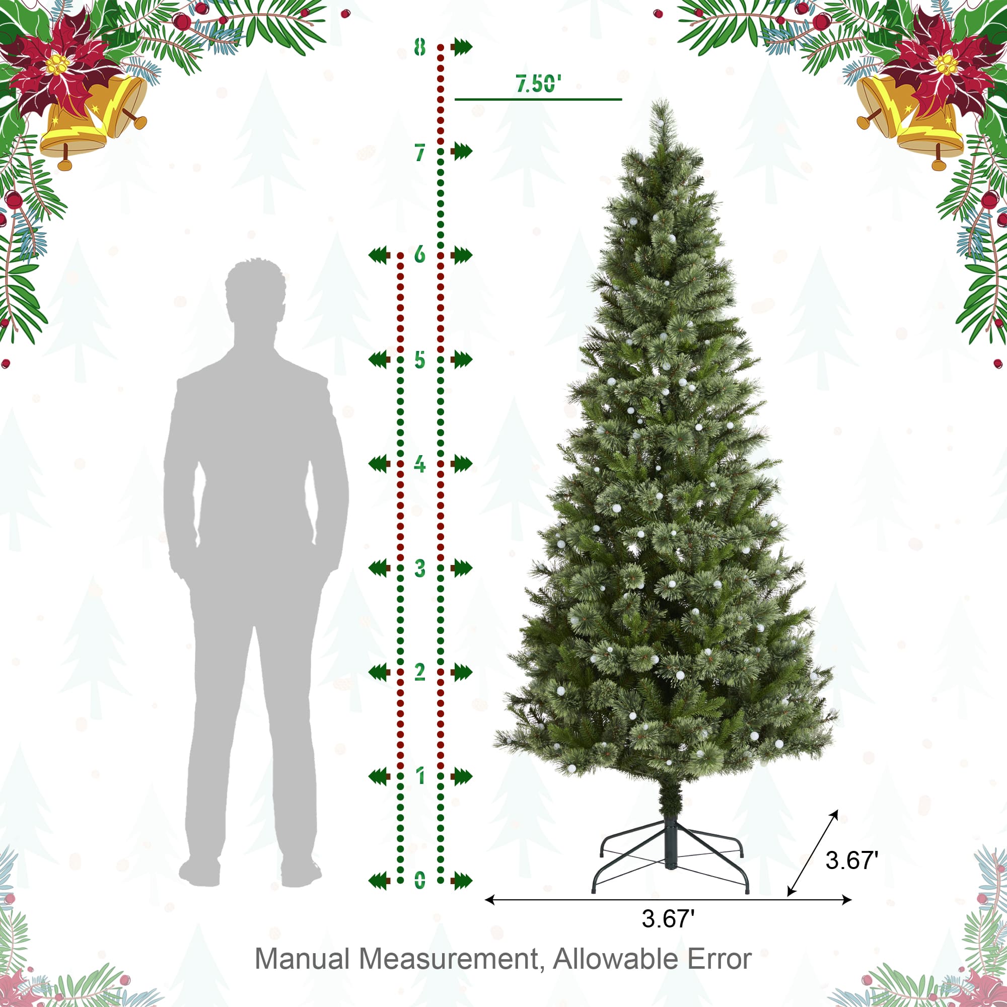 Glitzhome&#xAE; 7.5ft Pre-Lit Green Cashmere Slim Pine Artificial Christmas Tree, Multicolor LED Lights