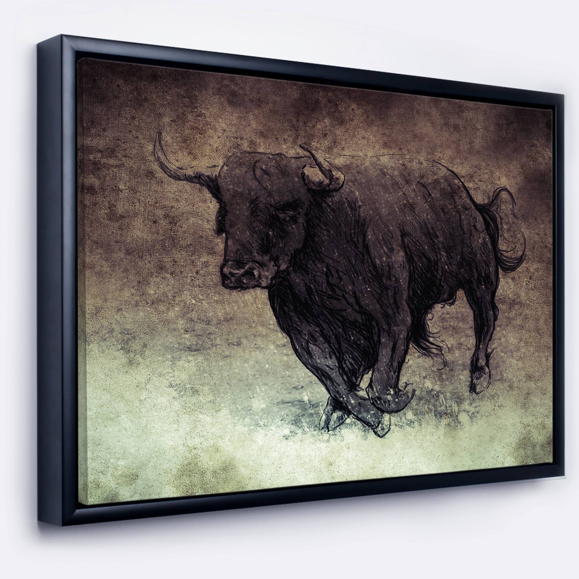 Designart - Bull Running on Vintage Paper - Animal Canvas Art Print in Black Frame