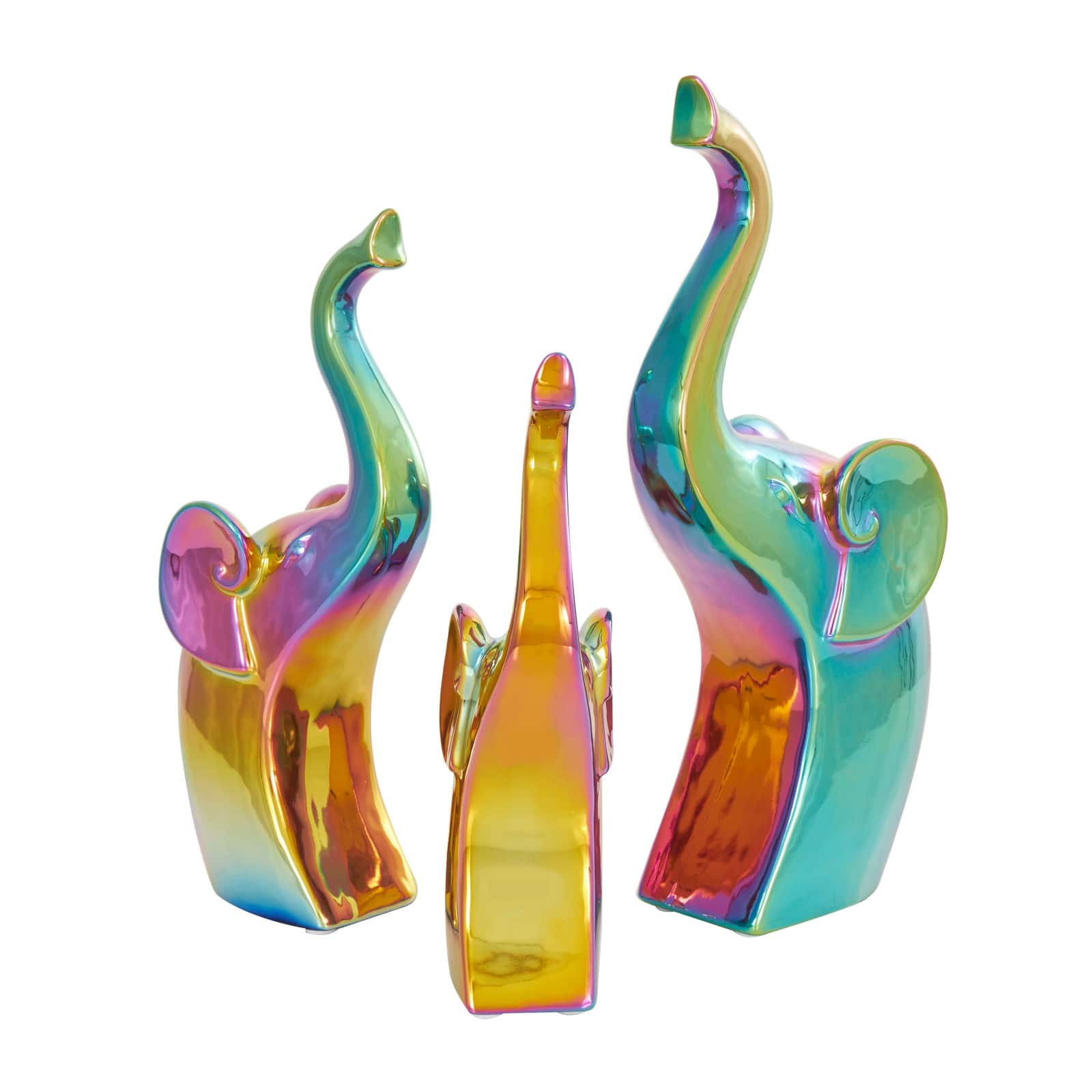 Multicolor Ceramic Elephant Sculpture Set with Rainbow Shimmer Finish