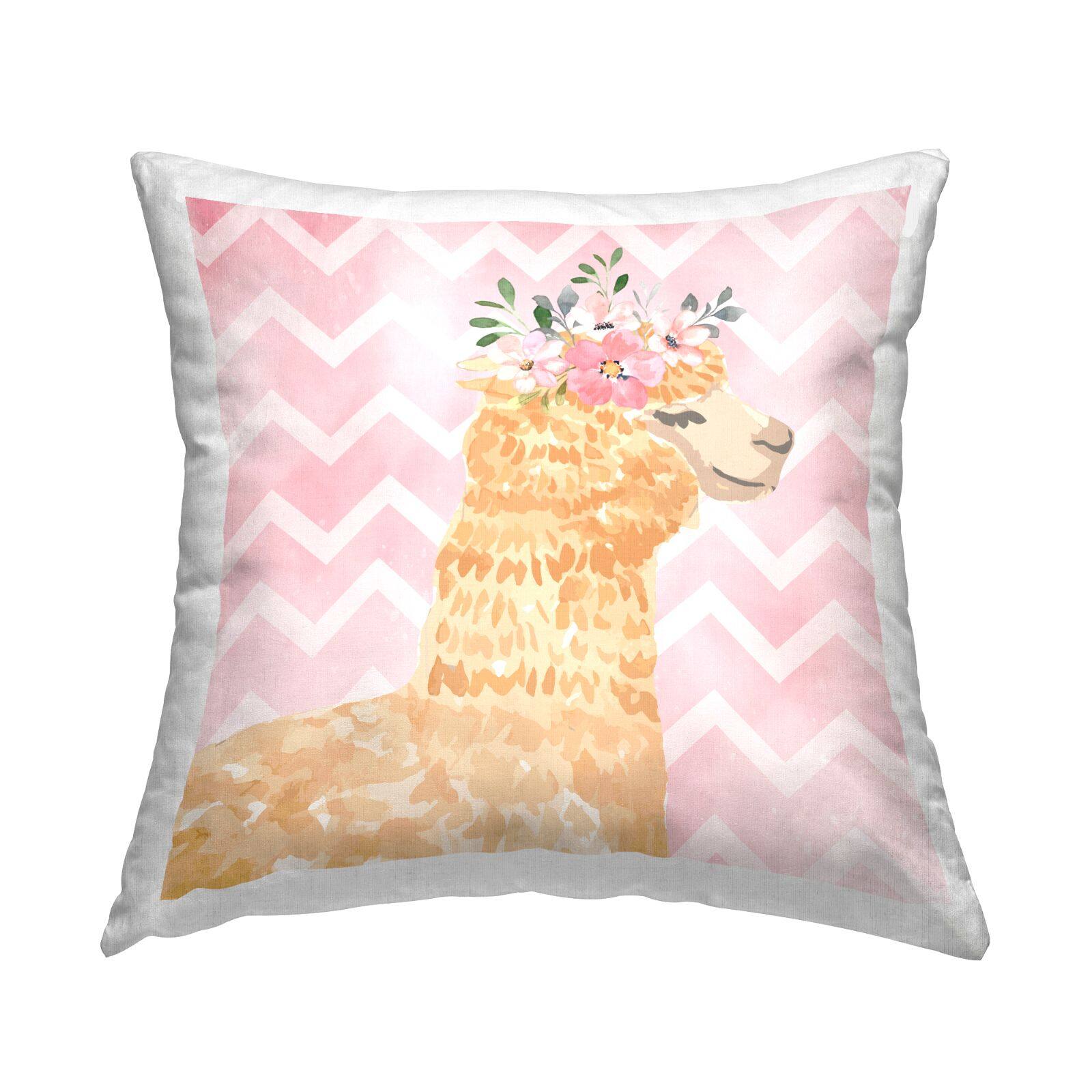 Stupell Industries Smiling Alpaca Flower Crown Pink Chevron Pattern Throw Pillow, 18" x 18"