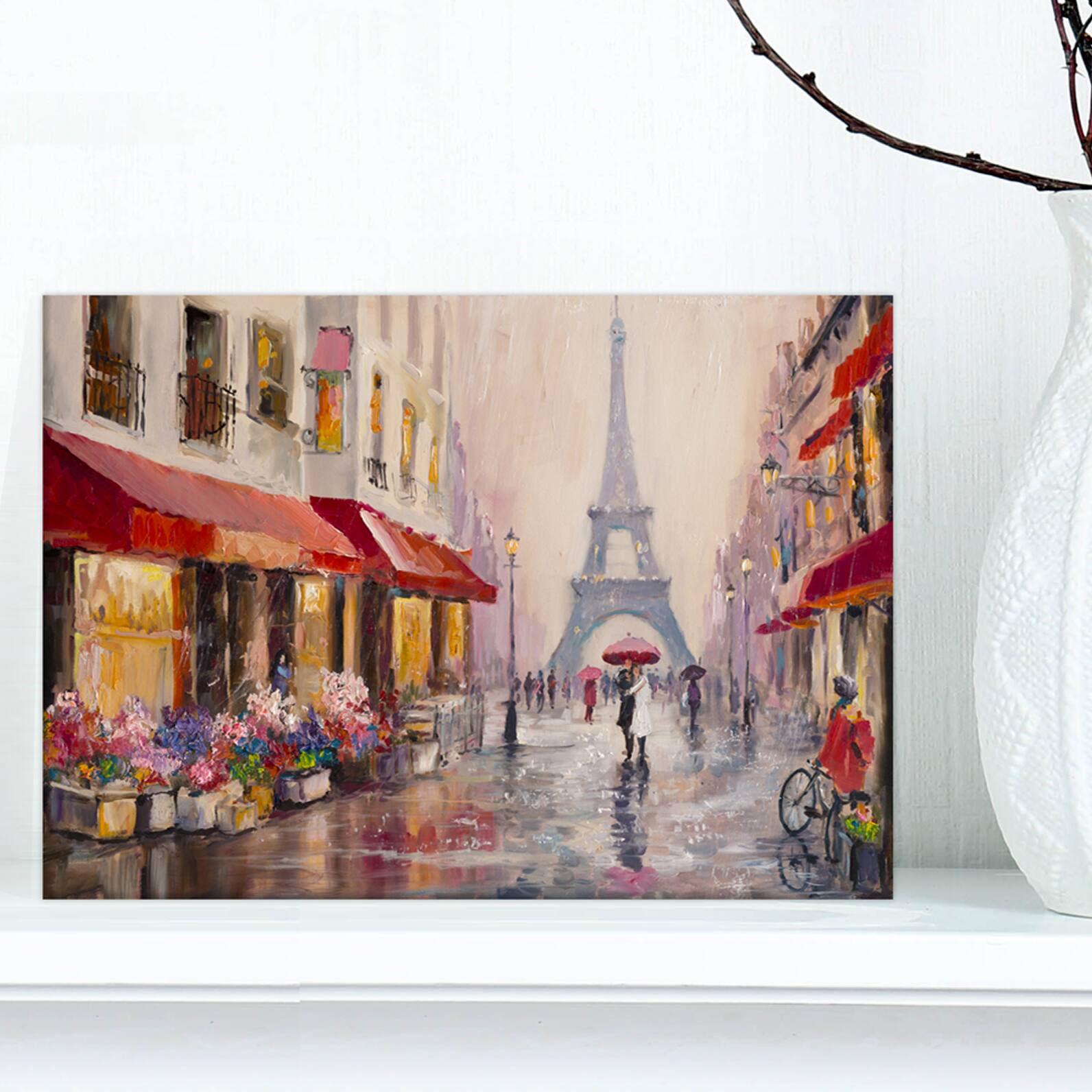 Designart - Lovers in Paris Eiffel Tower - Cityscapes Painting Print on Wrapped Canvas