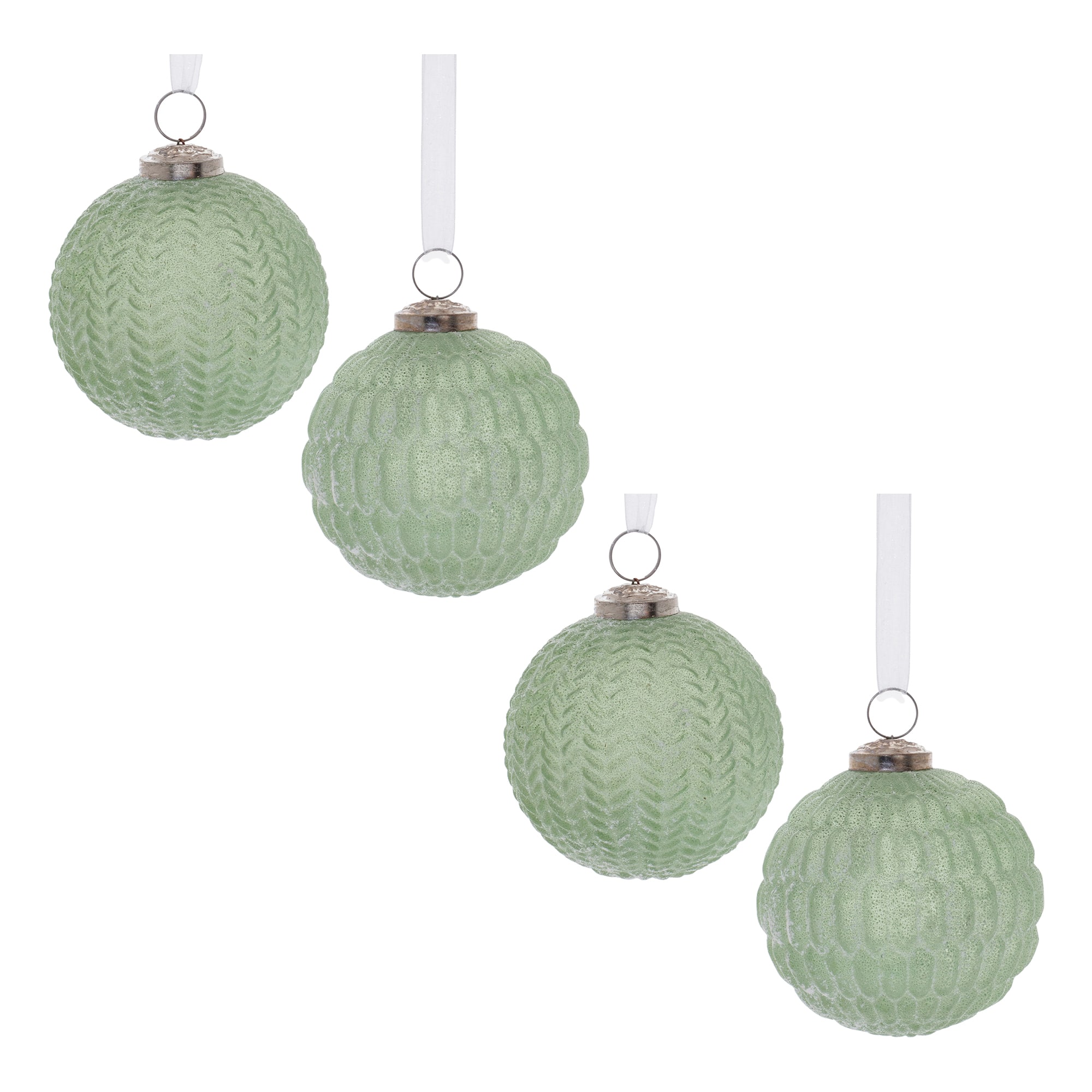 4&#x22; Green Frosted Glass Ball Ornaments Set