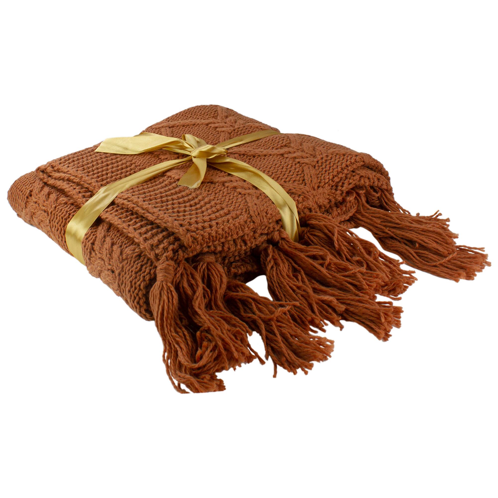Golden Ochre Knit Throw Blanket With Tassels
