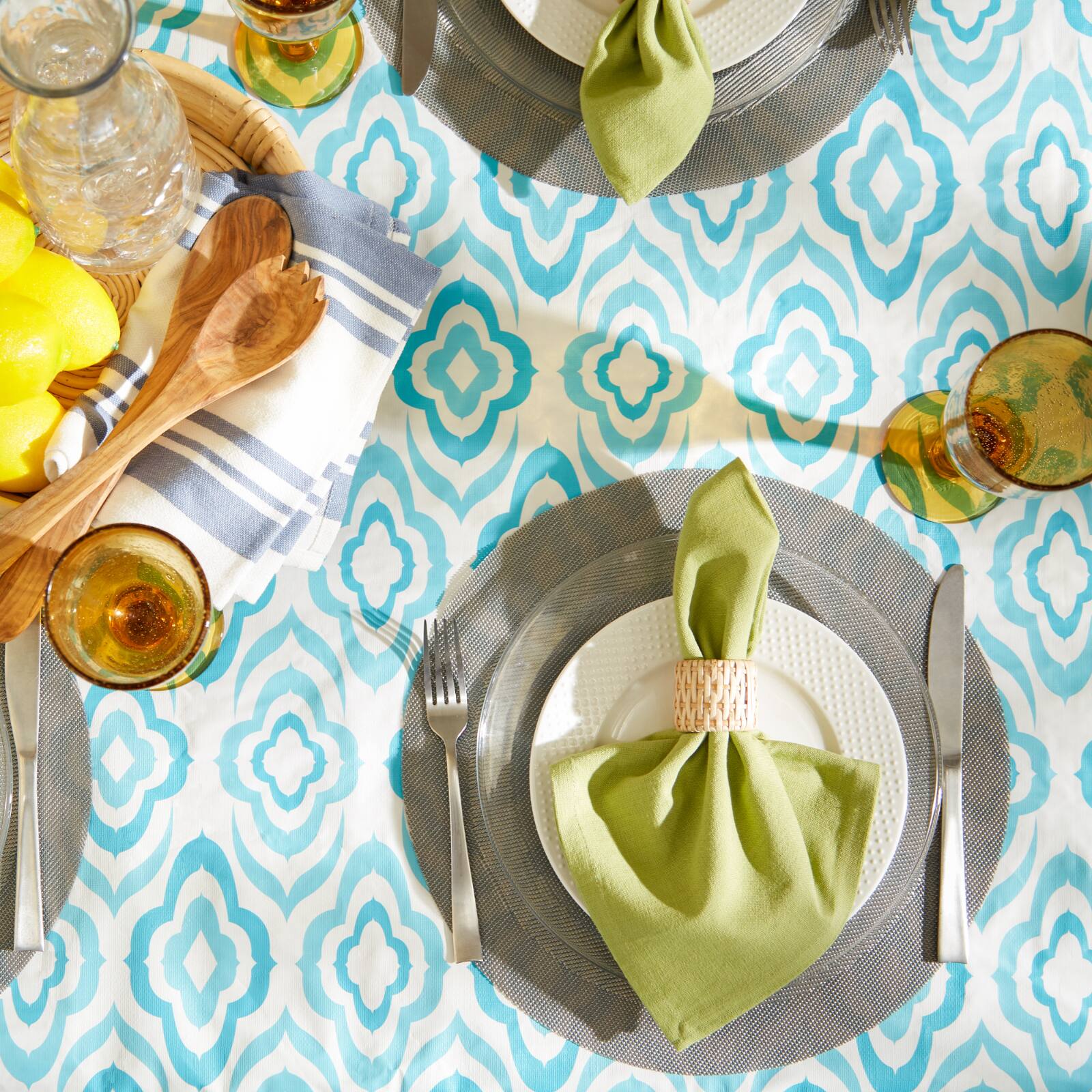 Blue Ikat Vinyl Tablecloth 70&#x22; Round