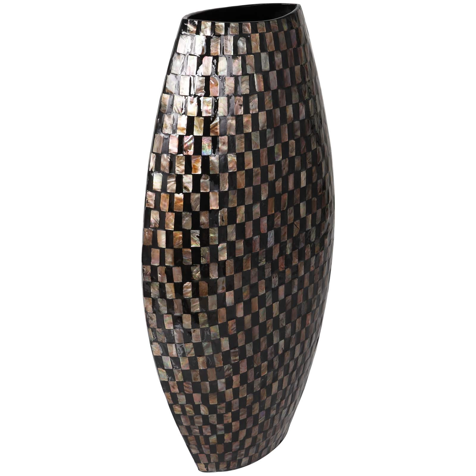 24&#x22; Black Mother of Pearl Handmade Geometric Mosaic Inspired Thin Vase