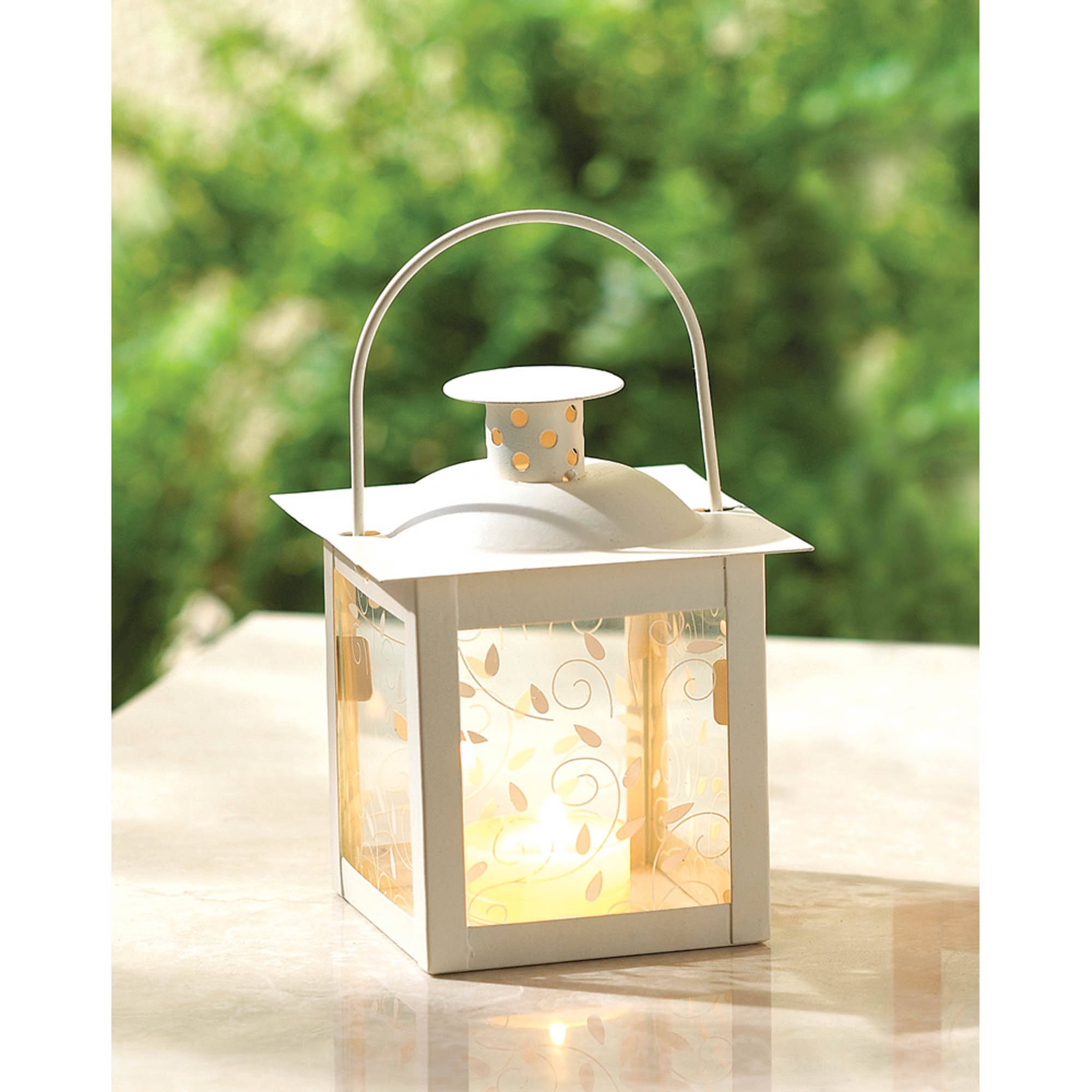 4.75" Small White Square Candle Lantern with Leaves