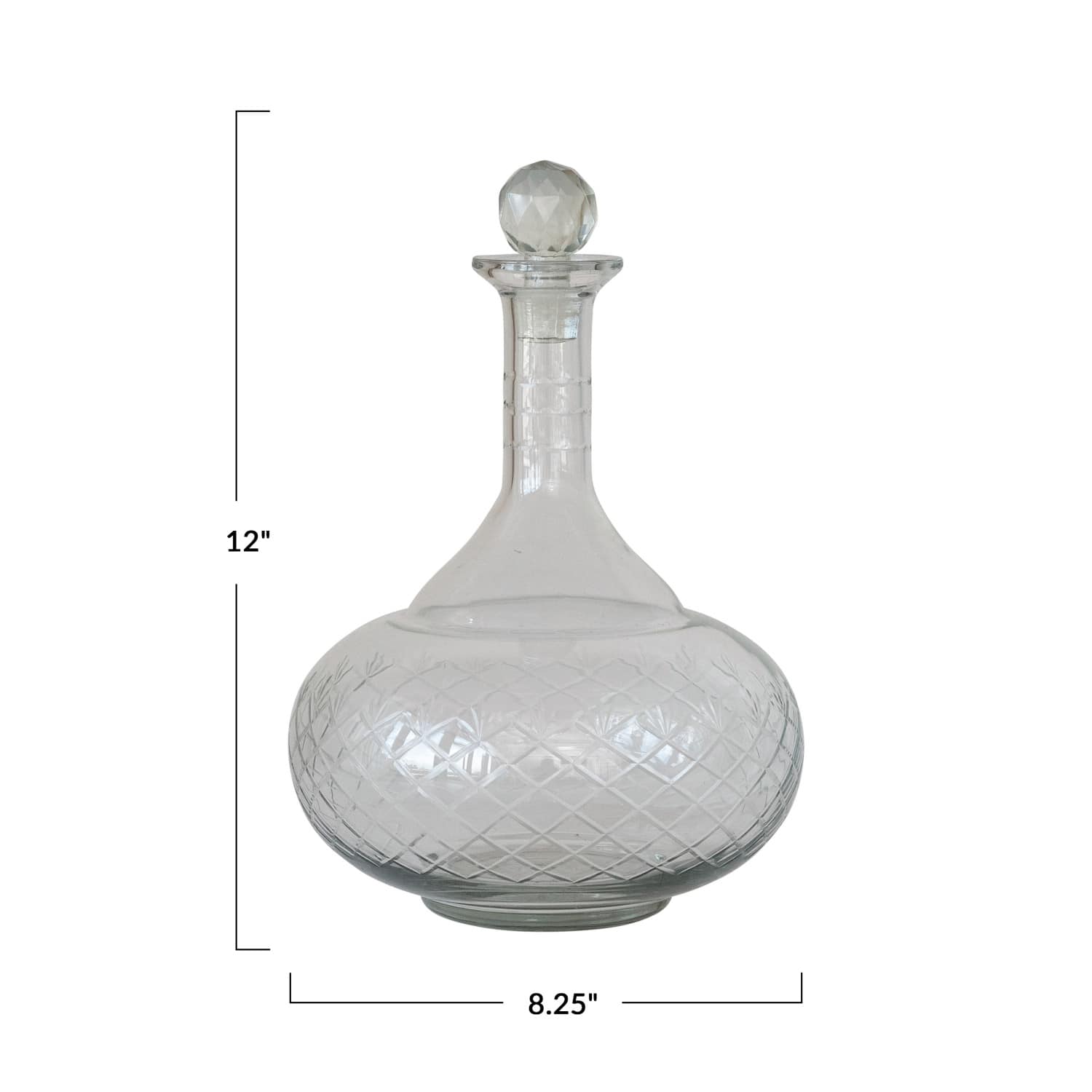 12oz. Clear Round Reclaimed Etched Glass Decanter with Tall Neck