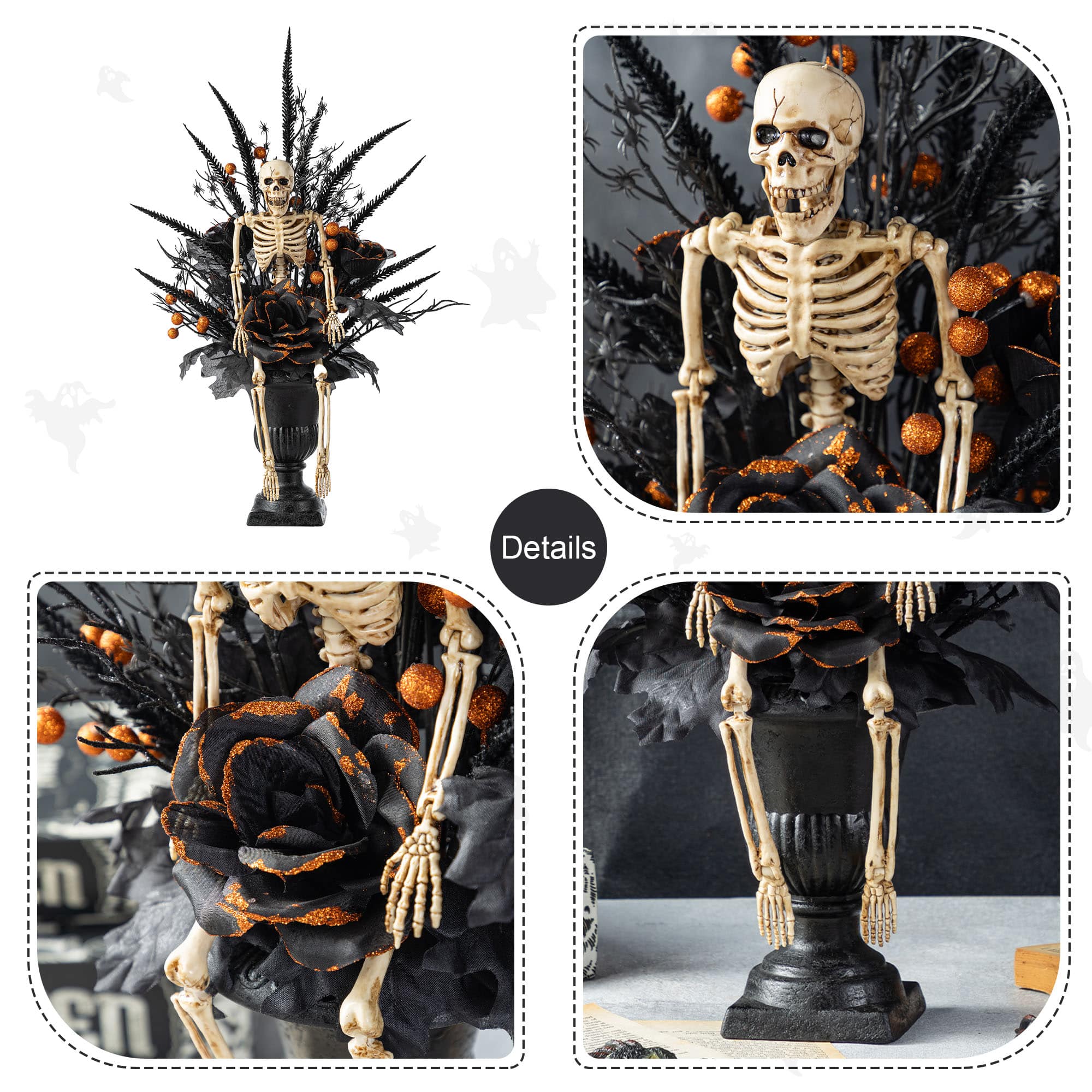 Glitzhome® 22"H Halloween Black Rose, Skeleton and Berry Urn Table Tree