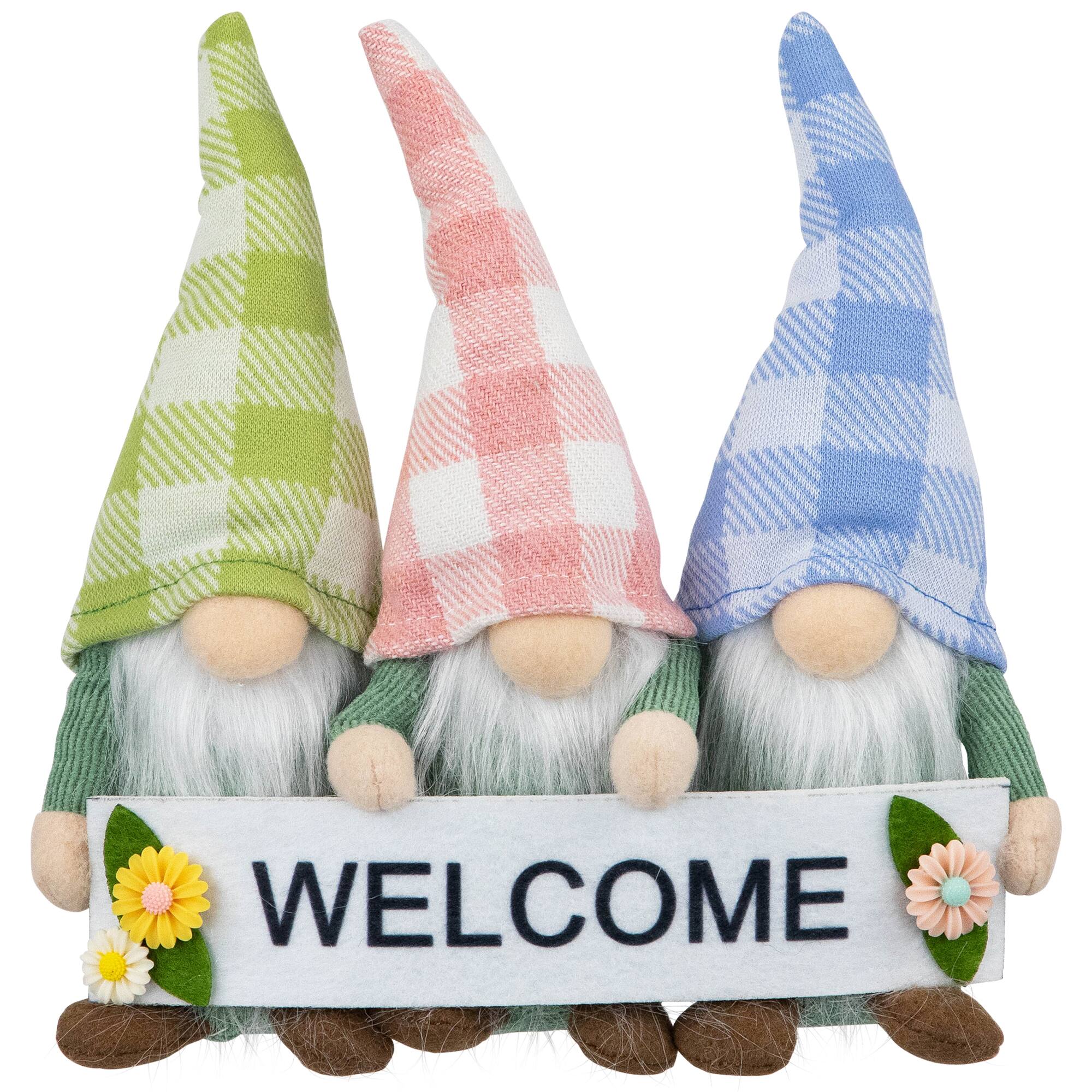 7" Pastel Pink & Green Gnome Trio with Welcome Banner Spring Table Décor