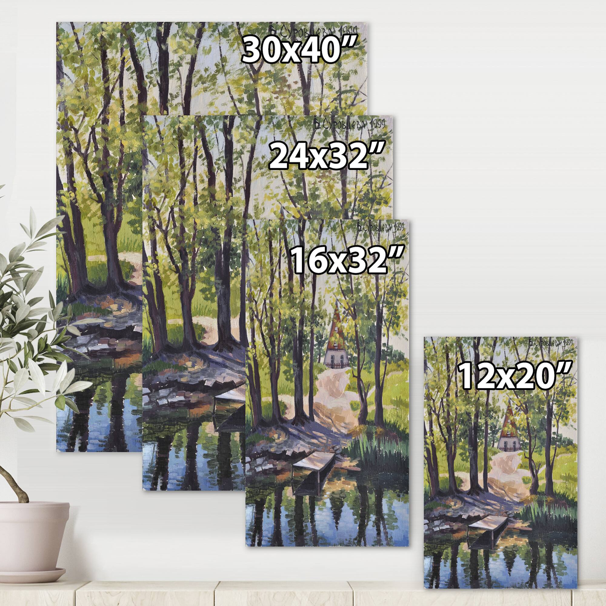 Designart - Mysterious House By The River In The Woods - Lake House Canvas Wall Art Print