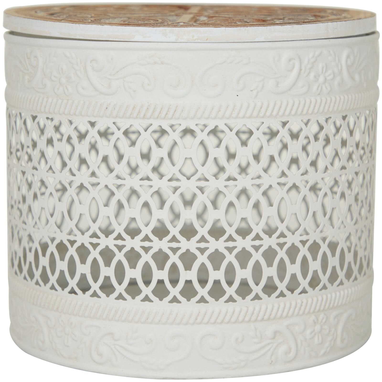 White Metal Laser Cut Metal Decorative Jars with Carved Wood Lids Set