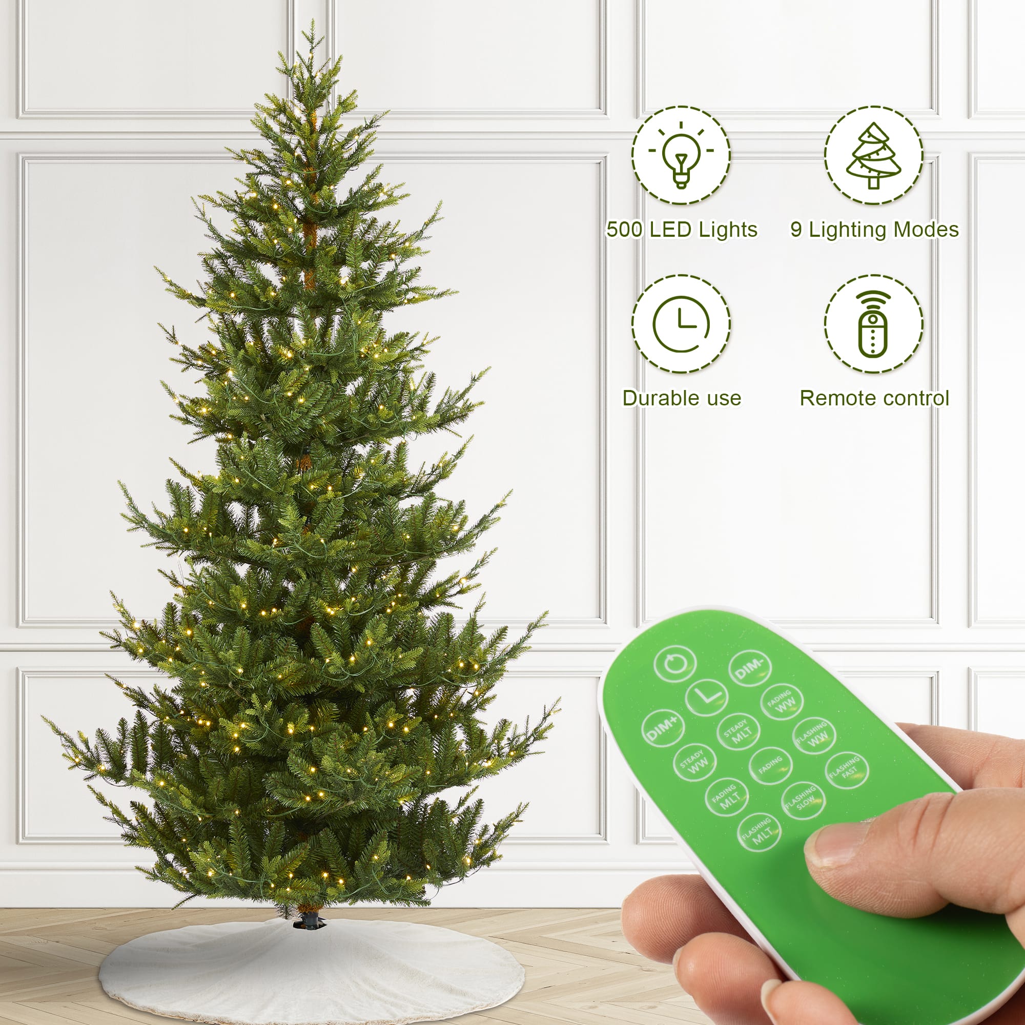 Glitzhome&#xAE; 7.5ft Pre-Lit Green Upward Slim Fir Artificial Christmas Tree, Multicolor LED Lights