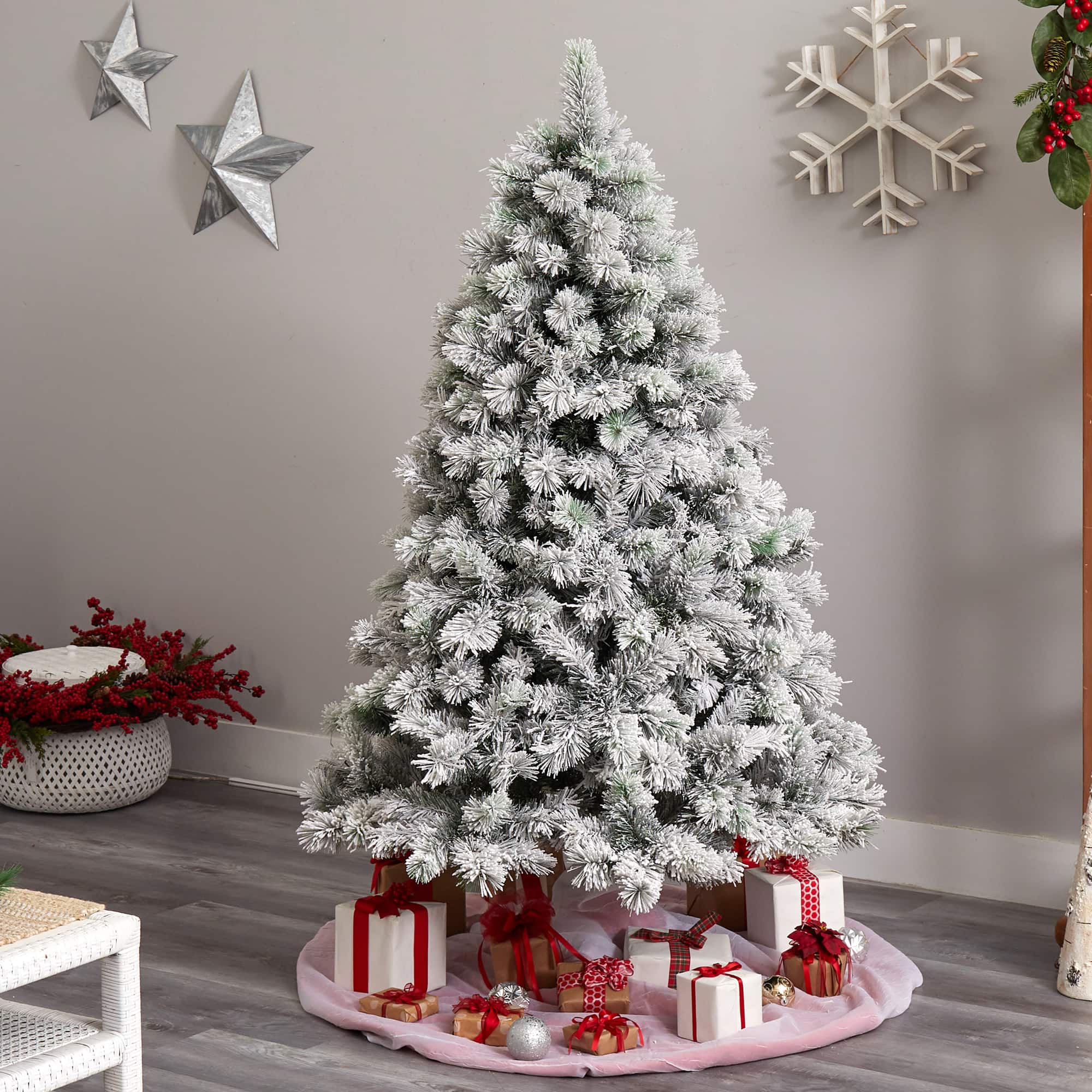 6ft. Pre-Lit Flocked Oregon Pine Artificial Christmas Tree, Clear Lights