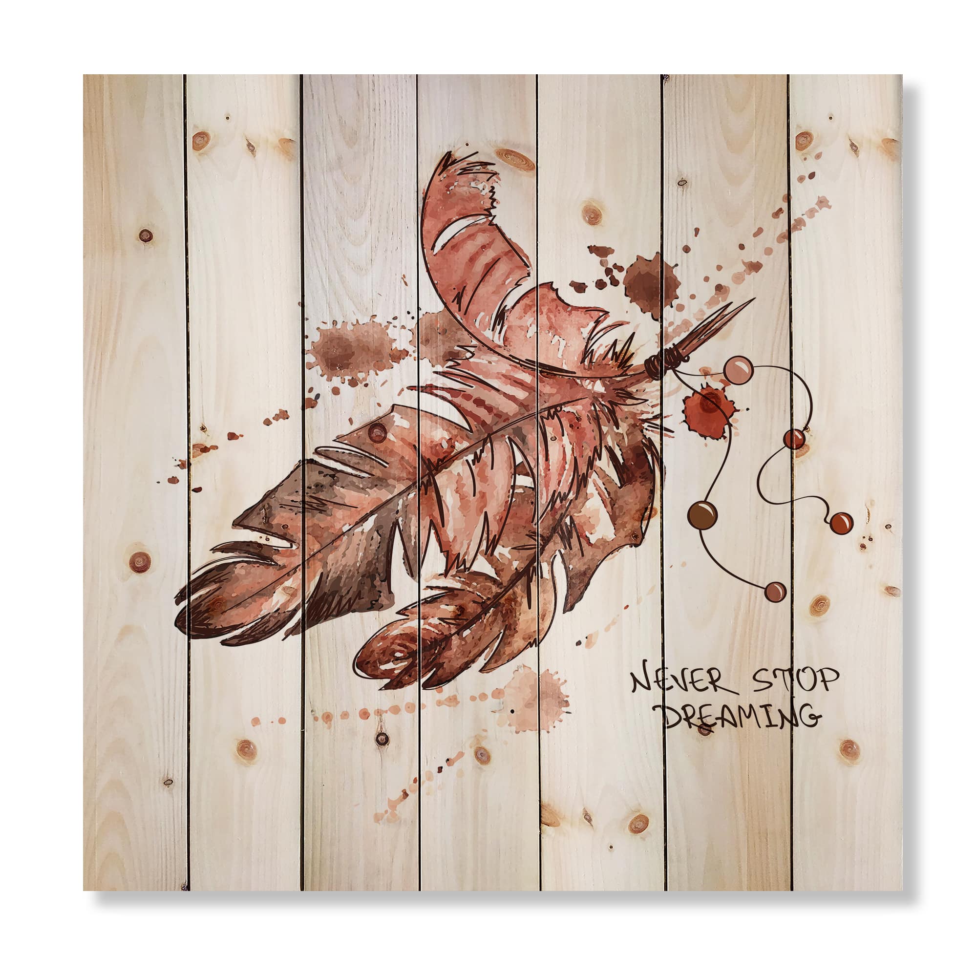 Designart - Bird Feathers In Earth Tones - Bohemian & Eclectic Print on Natural Pine Wood