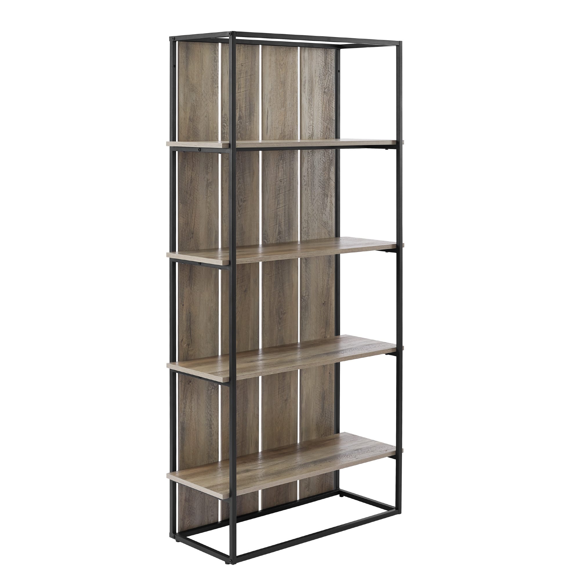 Walker Edison 64" Graywash & Black Metal Farmhouse Plank Back Bookshelf