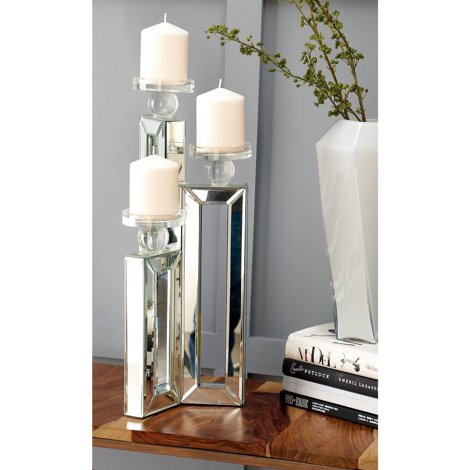 21&#x22; Silver Wood Glam Candlestick Holder