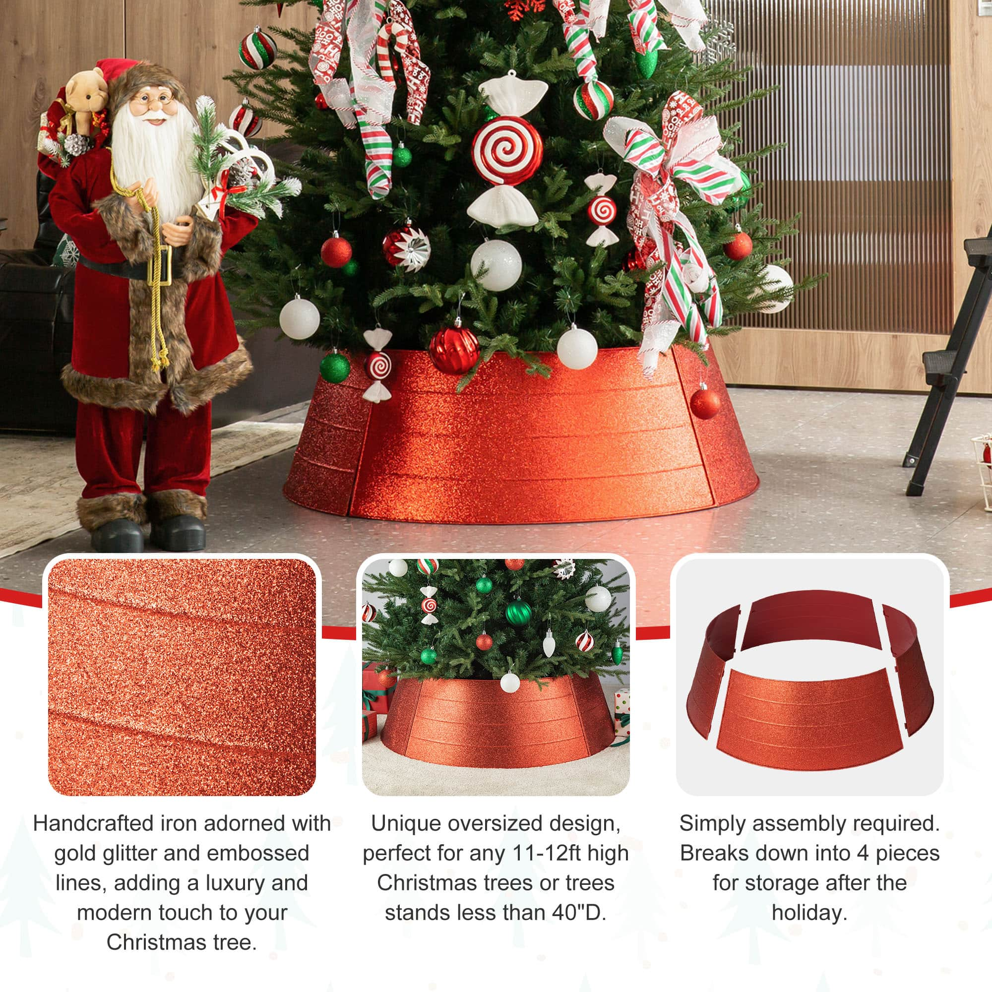 Glitzhome&#xAE; 3ft. Red Glitter Metal Tree Collar