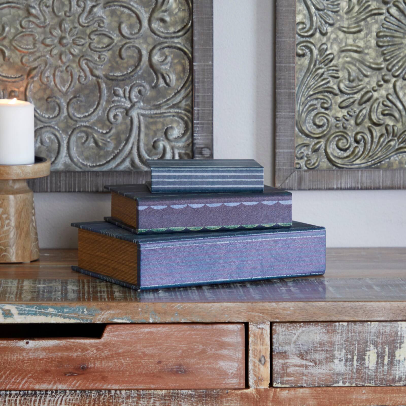 Gray &#x26; Blue Stripe Faux Leather Faux Book Box Set