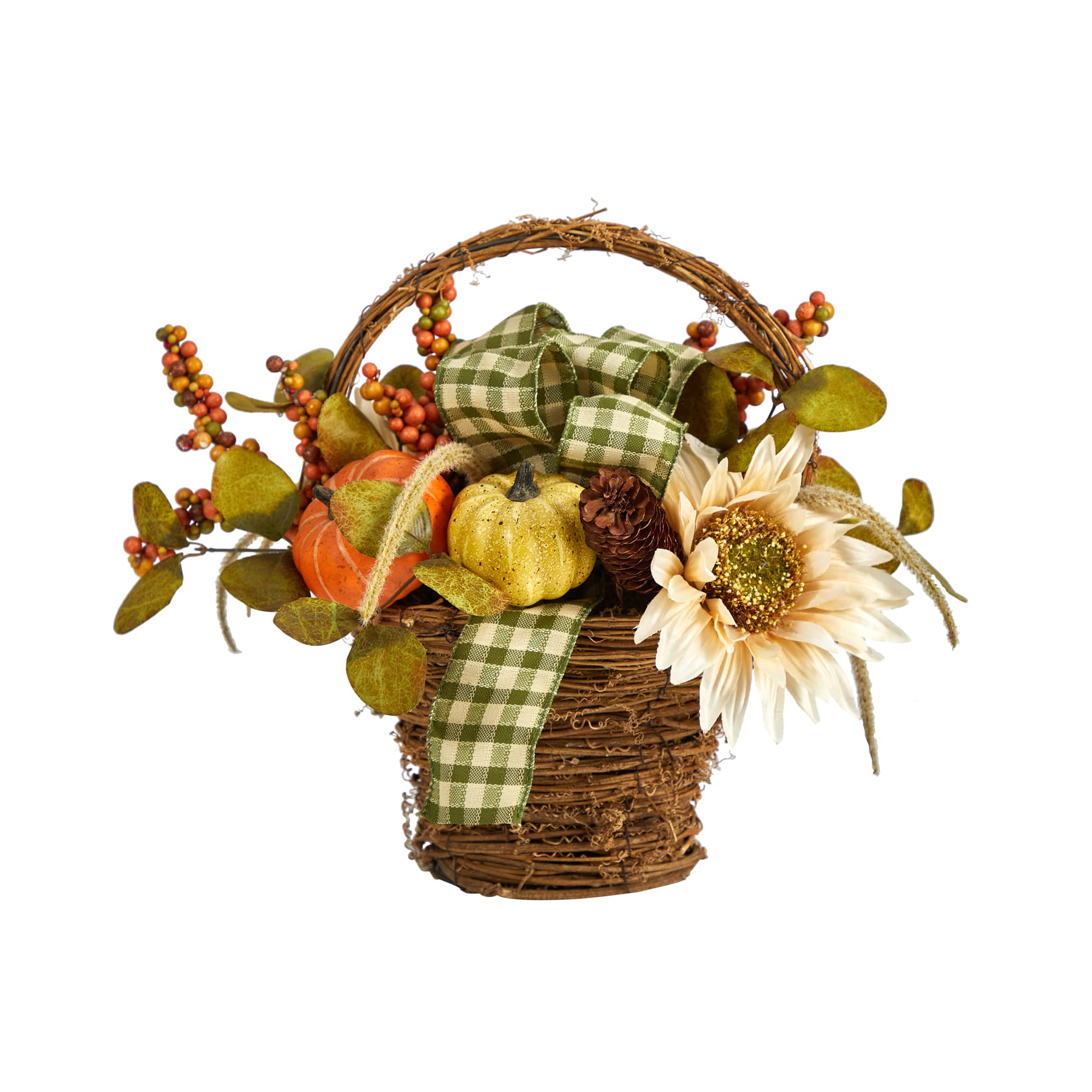 16&#x22; Pumpkin, Gourds &#x26; Berries Autumn Arrangement In Twig Basket