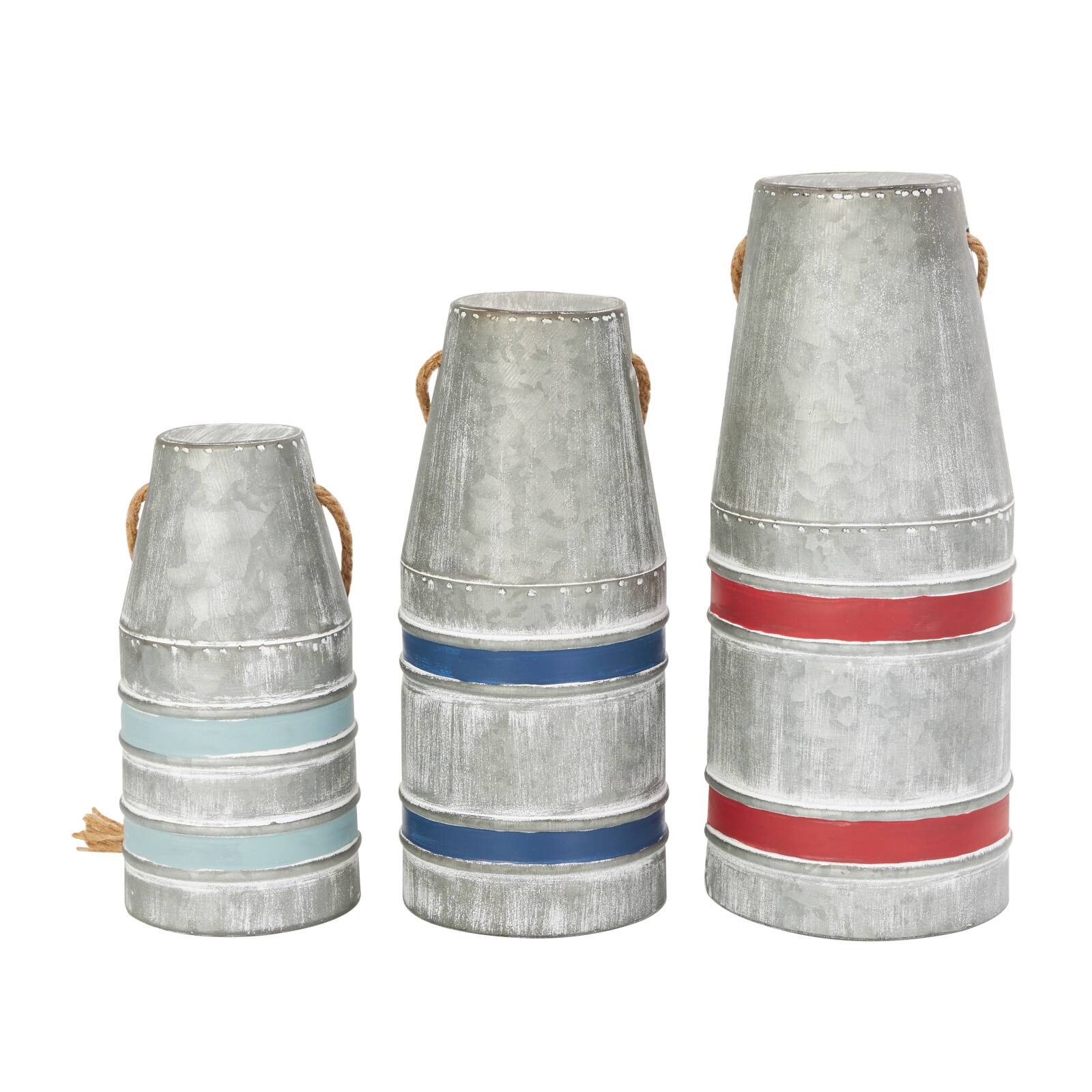 Gray Metal Buoy Striped Sculpture with Rope Handles Set
