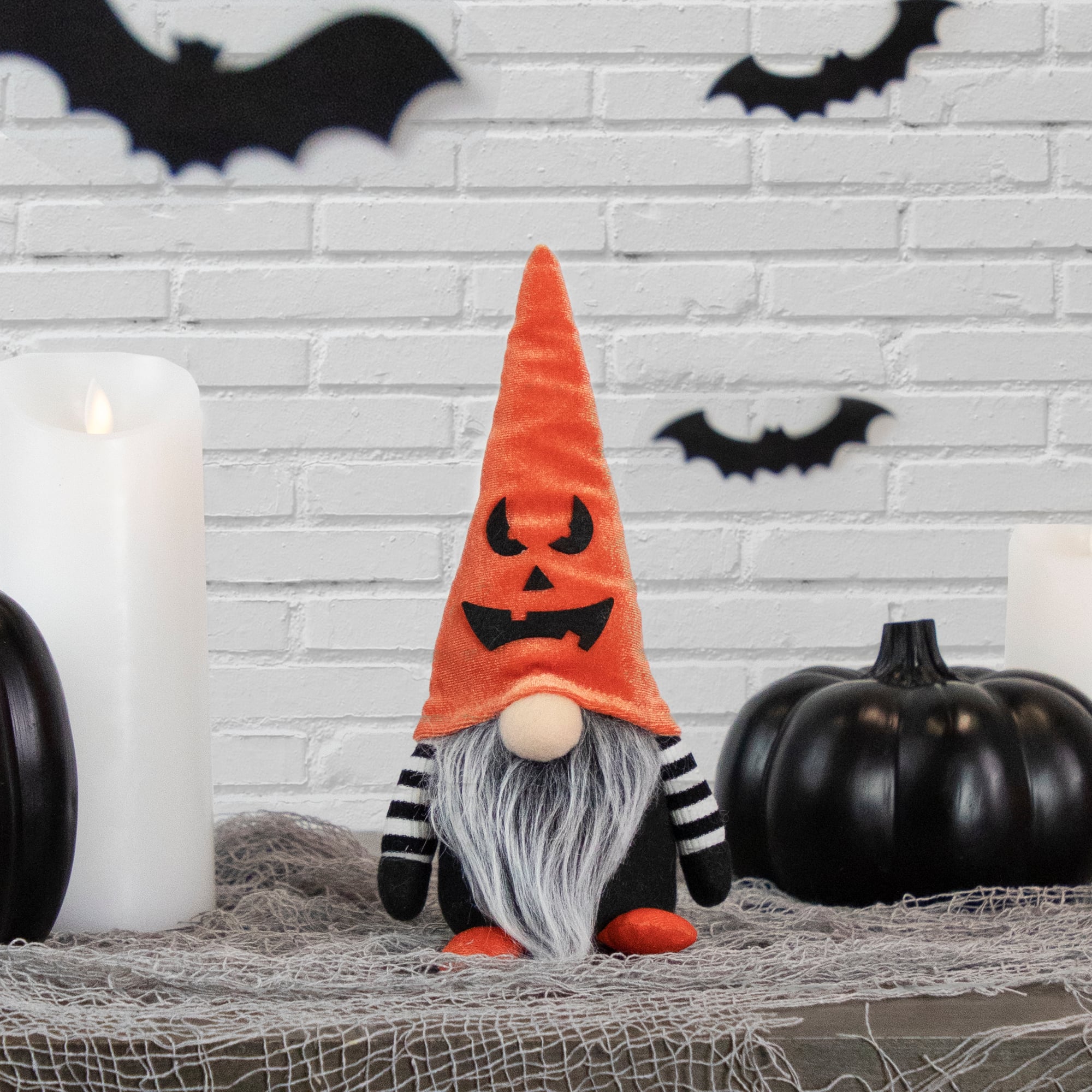 9.25&#x22; Halloween Jack-O-Lantern Striped Tabletop Gnome Figurine