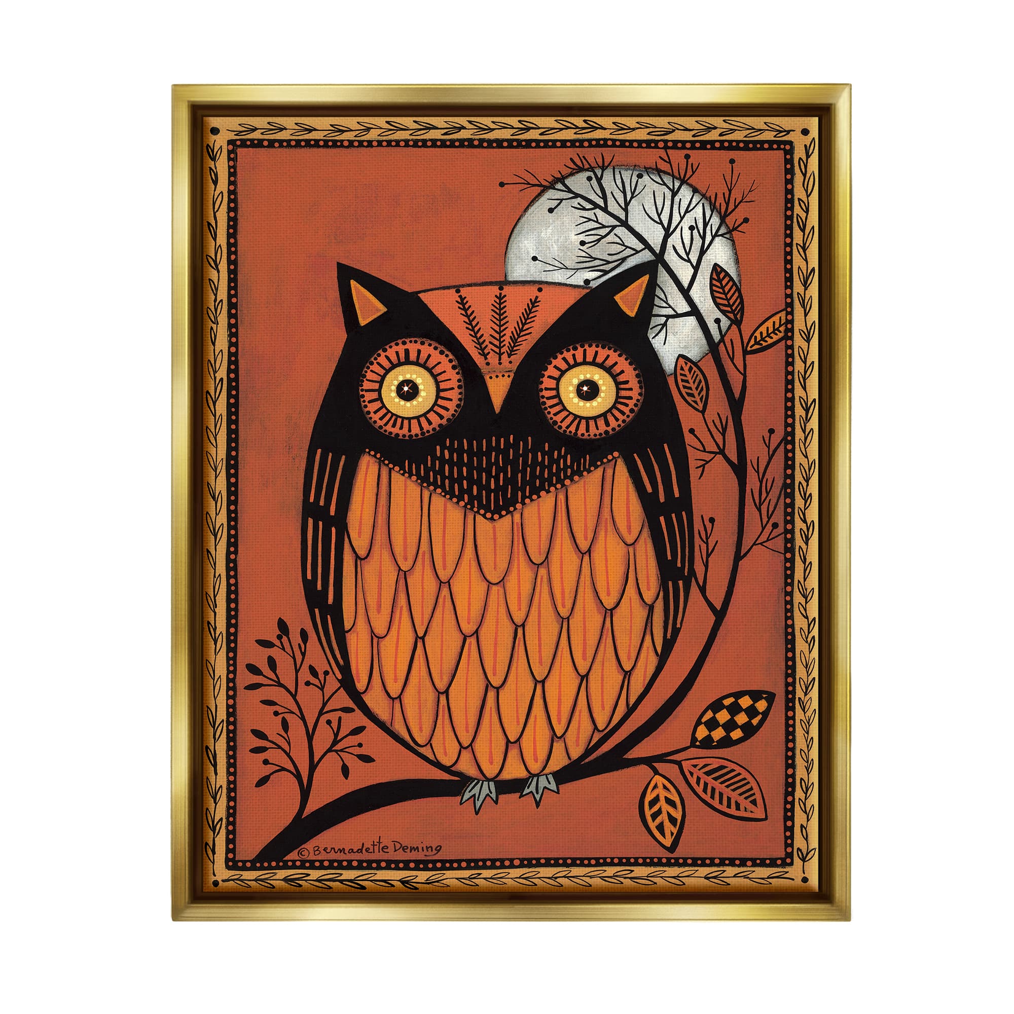 Stupell Industries Round Owl Autumn Botanical Border Framed Floater Canvas Wall Art