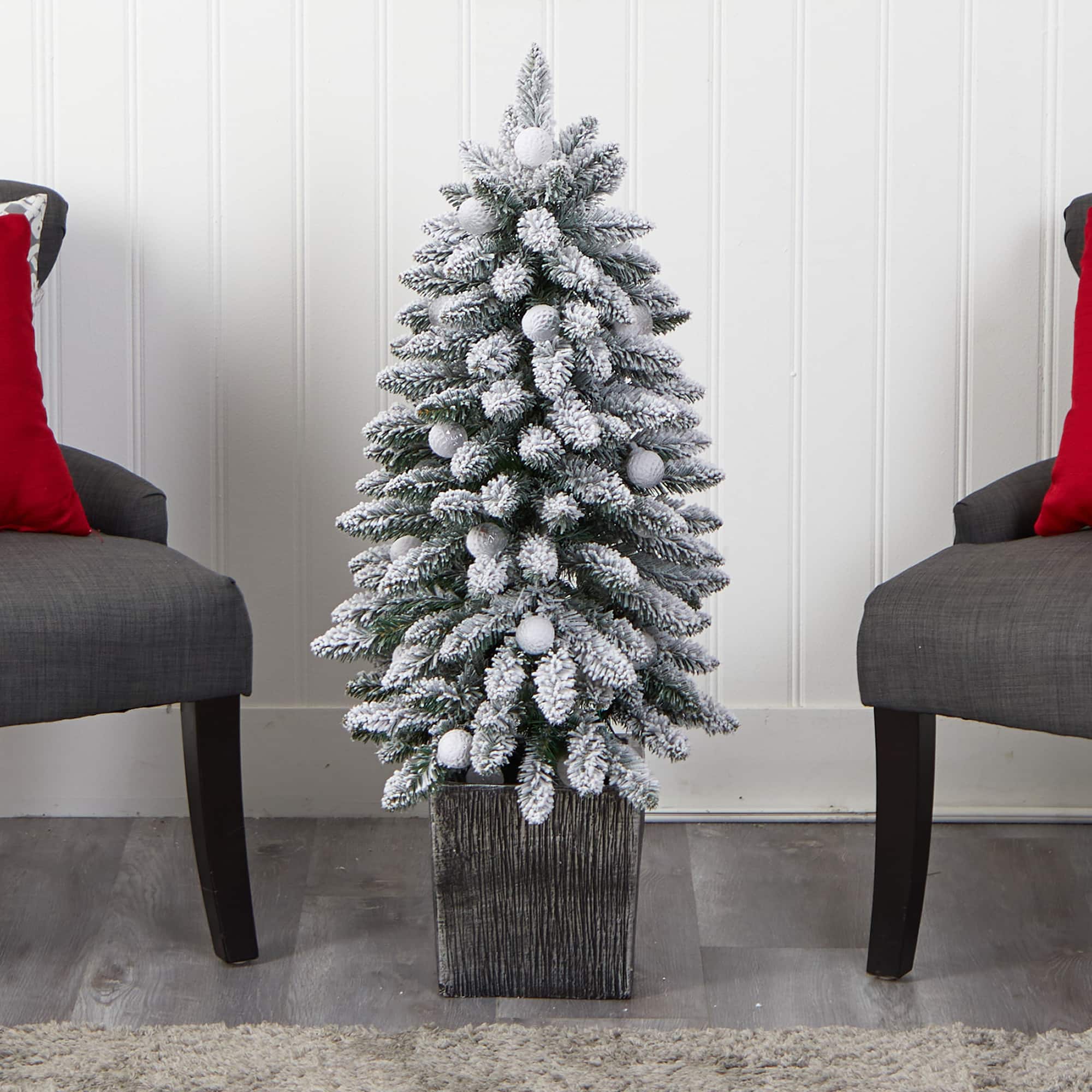 3ft. Pre-Lit Flocked Highland Fir Artificial Christmas Tree in Decorative Planter, Multicolor 20 LED Lights