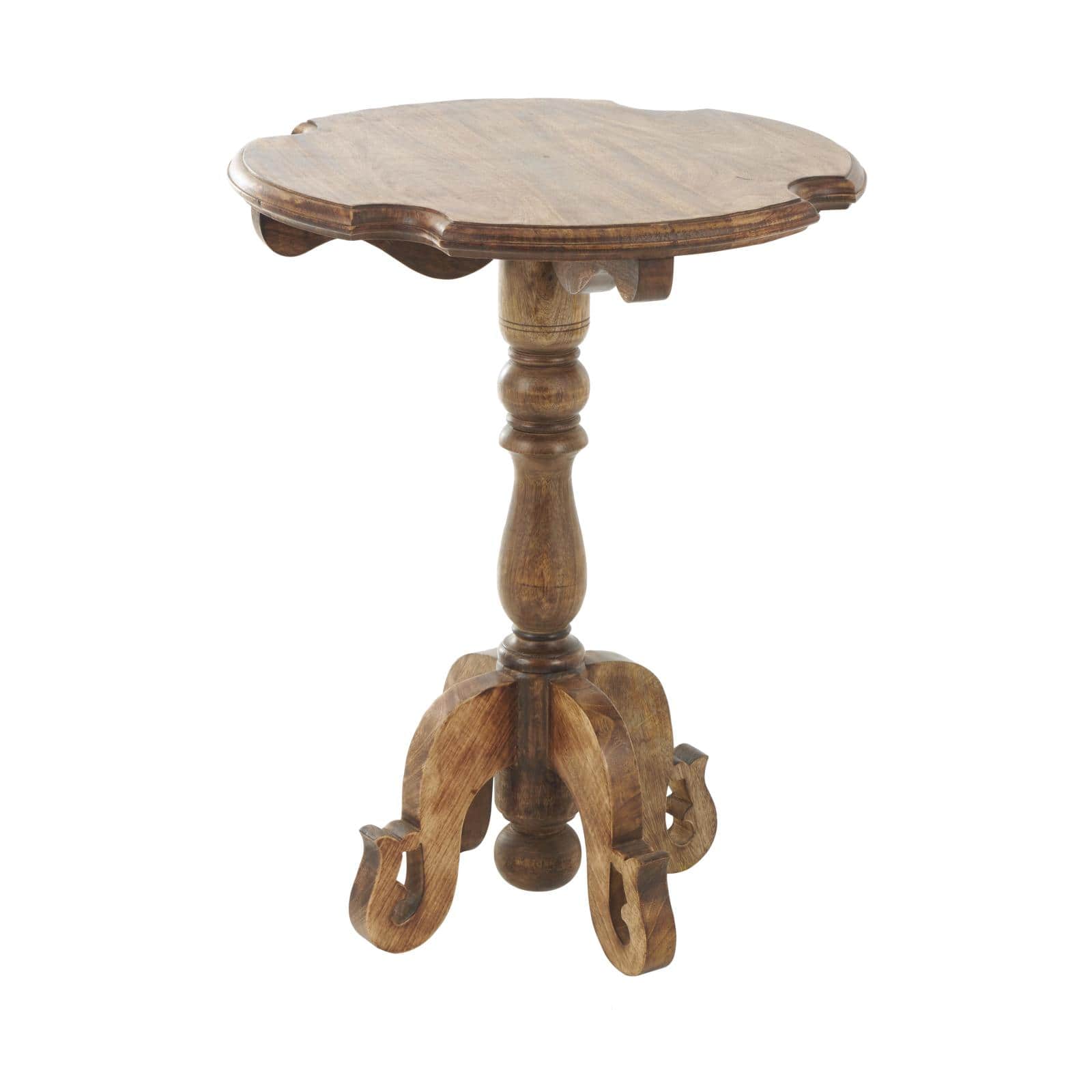 Brown Mango Wood  Turned Accent Table with Scrolled Legs and Cutout Tabletop