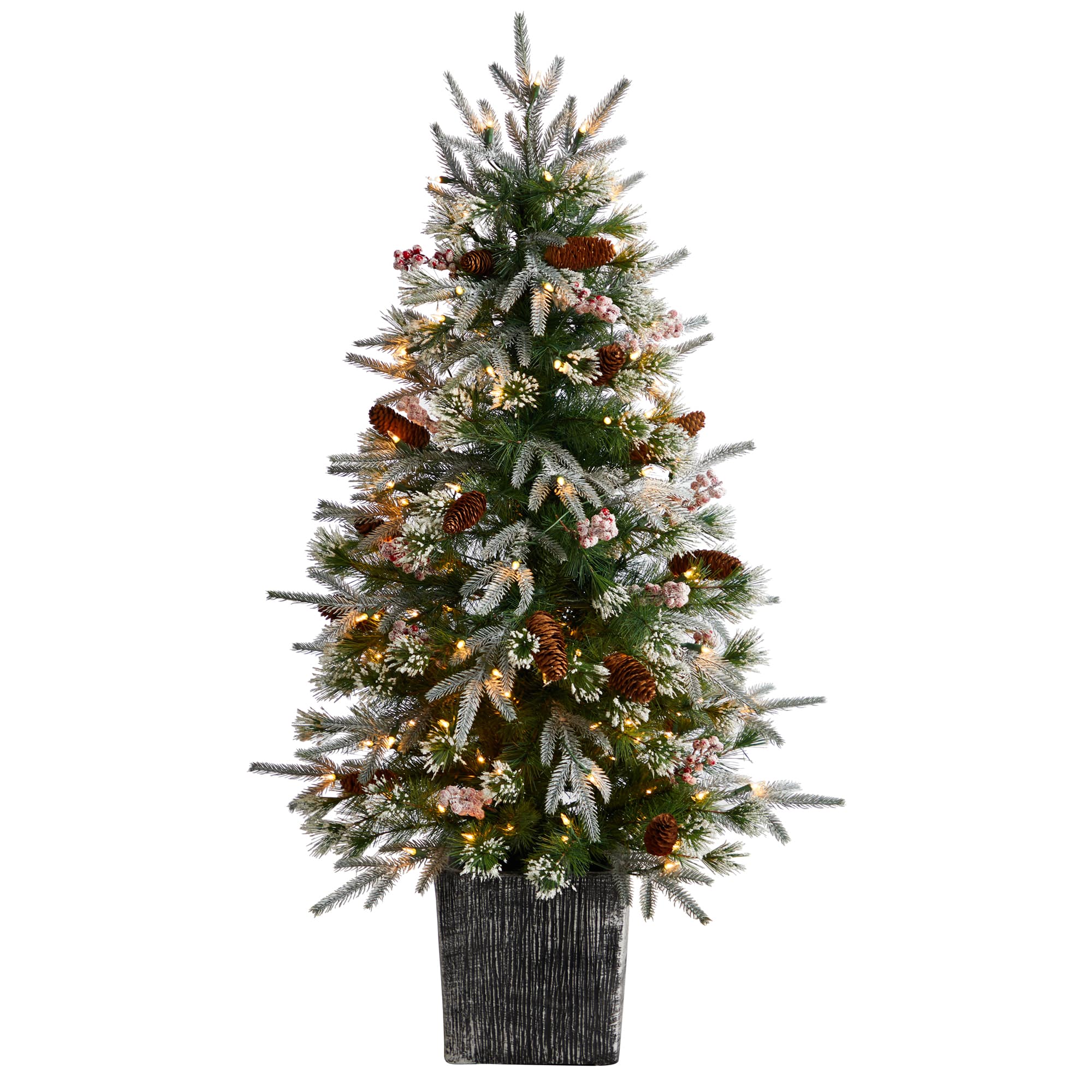 4ft. Pre-Lit Frosted Artificial Christmas Tree in Decorative Planter, White LED Lights
