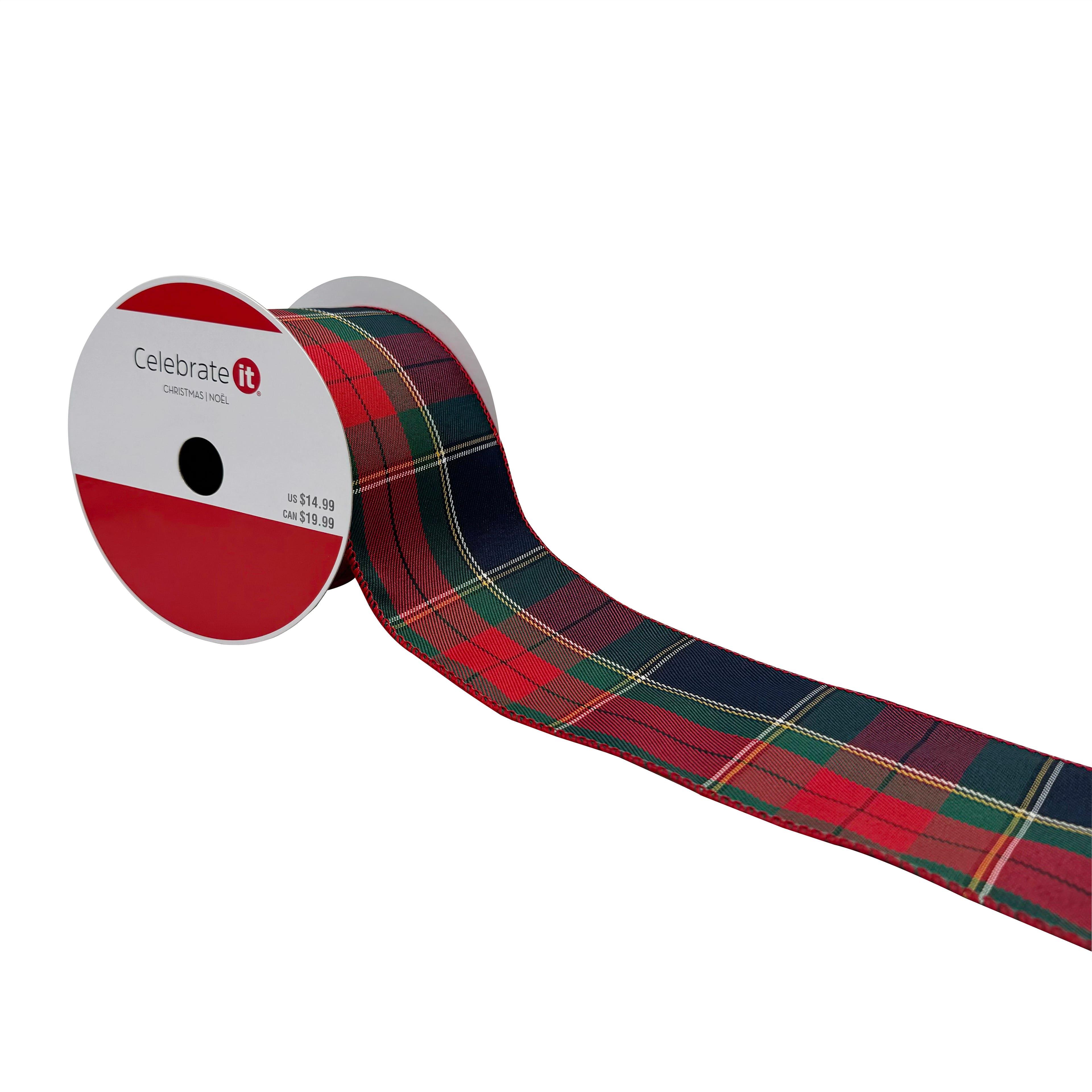 3.5&#x22; x 25ft. Red &#x26; Navy Plaid Wired Ribbon by Celebrate It&#x2122; Christmas