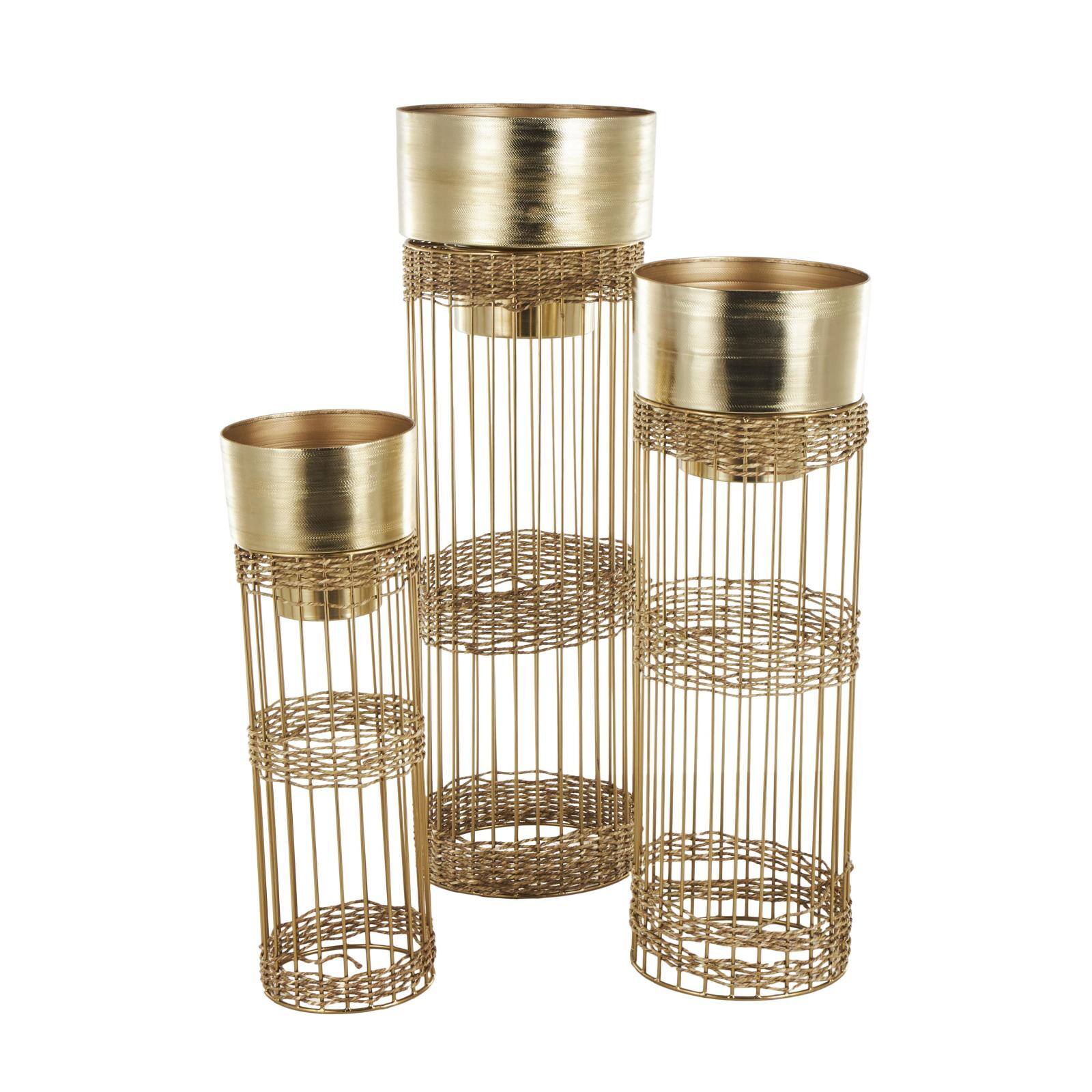 Gold Metal Textured Cylindrical Dome Planter &#x26; Pedestal Base Set