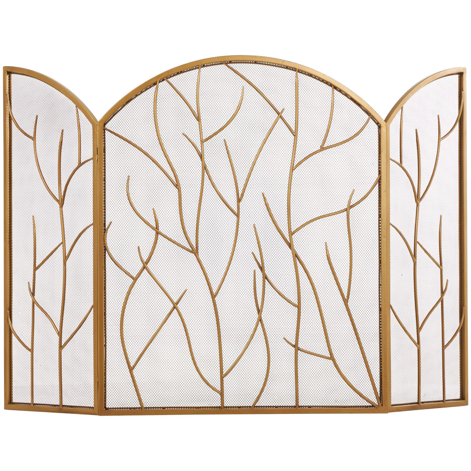 Gold Metal Tree Arched 3-Panel Fireplace Screen