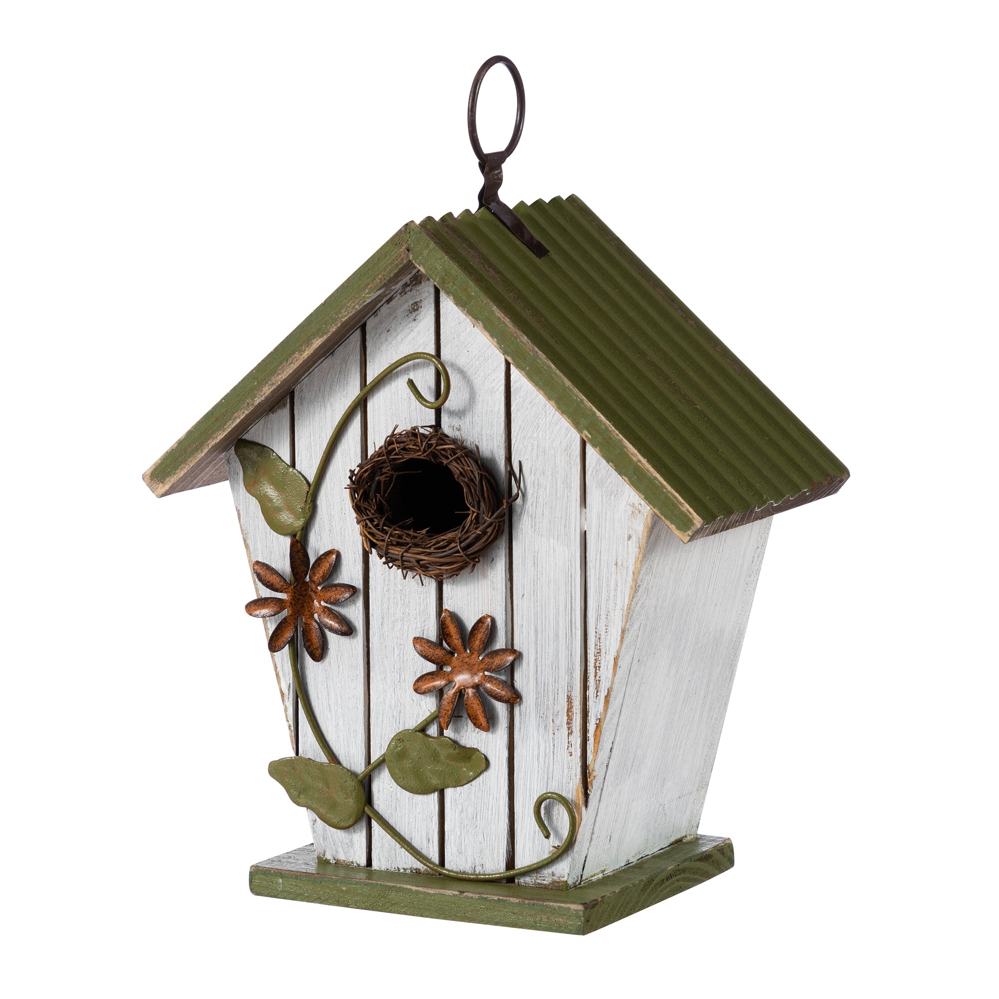Glitzhome® 8.75" Distressed Solid Wood Decorative Outdoor Garden Birdhouse with 3D Flower