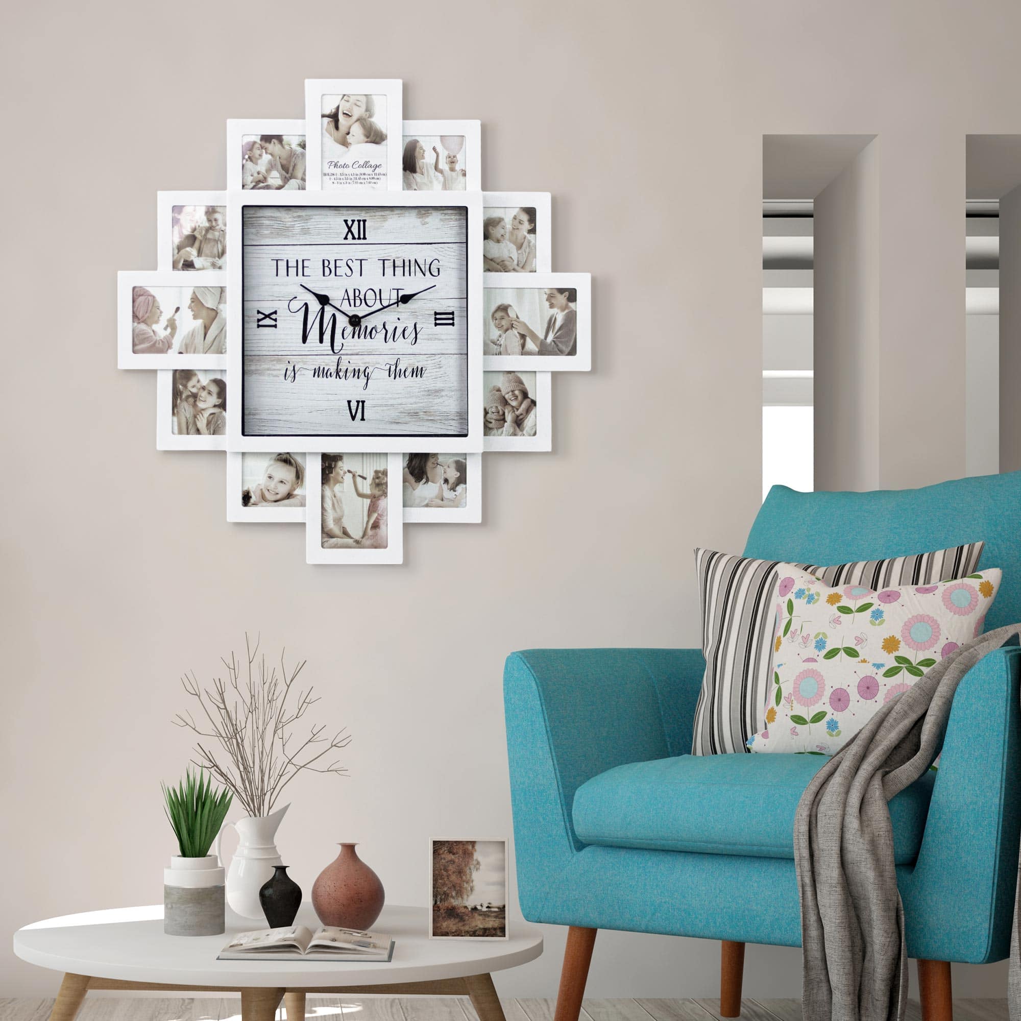 White Farmhouse Shabby-Chic "Memories" Picture Frame Wall Collage Clock