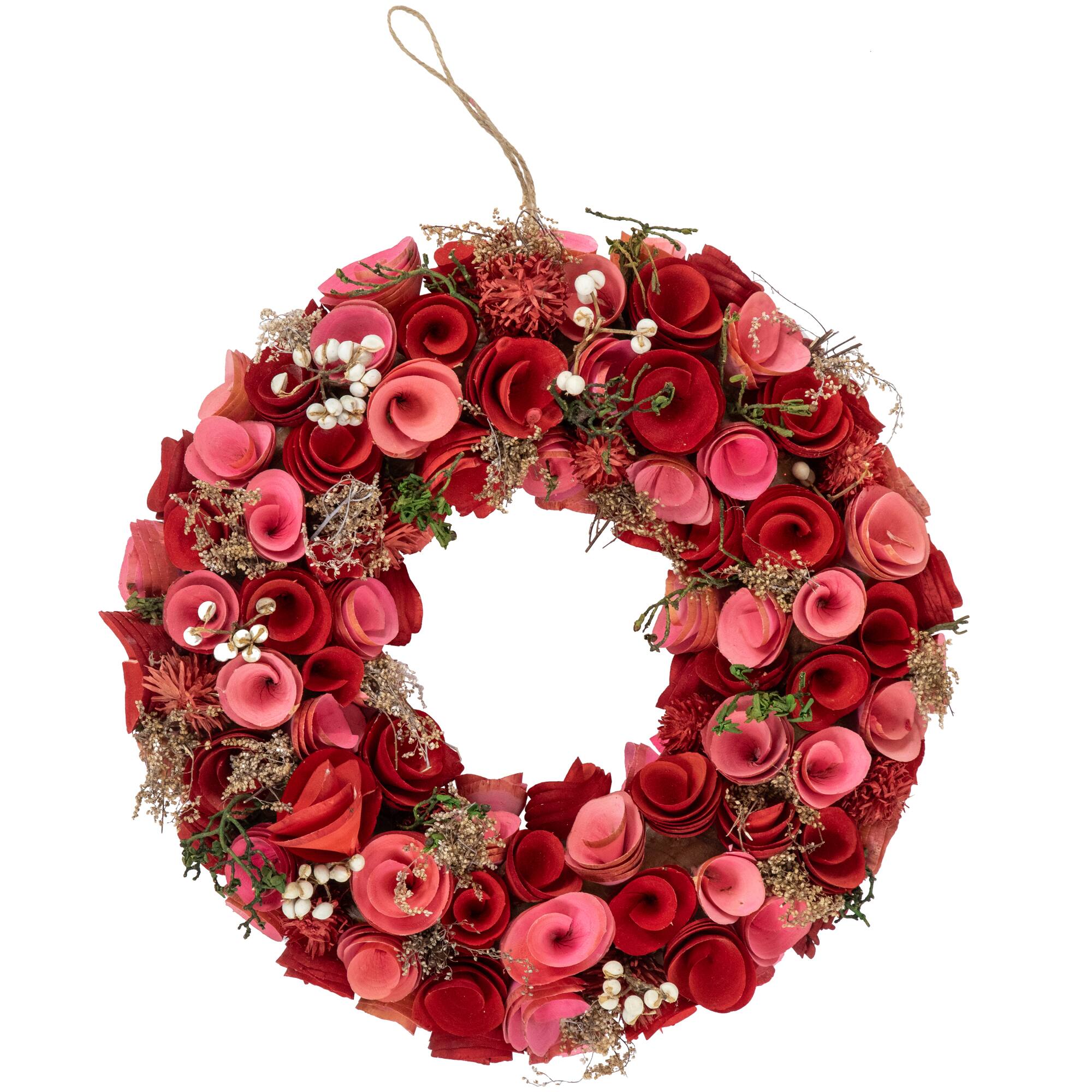 12" Pink & Red Flowers with White Berries & Twig Spring Wreath
