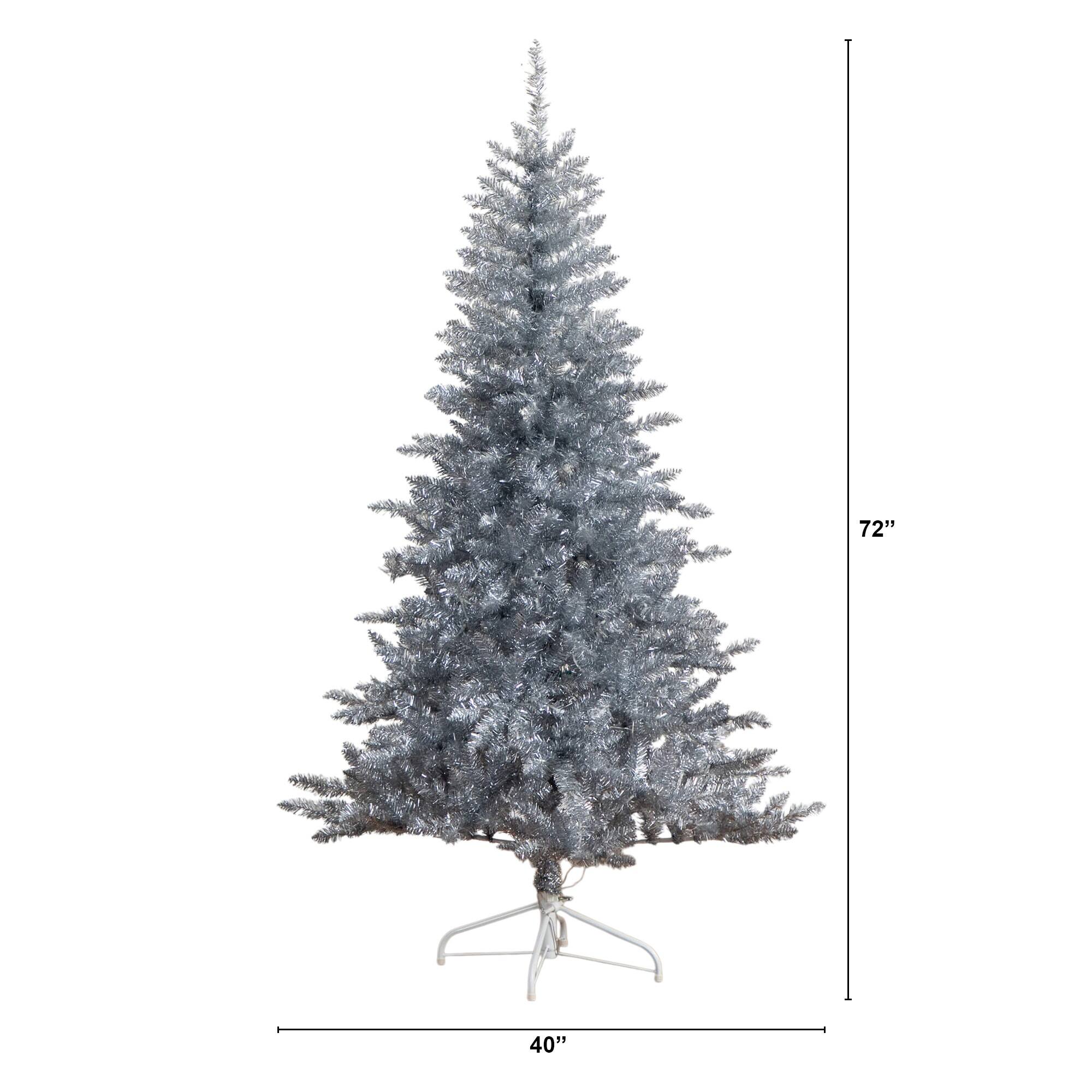 6ft. Pre-Lit Silver Tinsel Artificial Christmas Tree, Cool White Lights