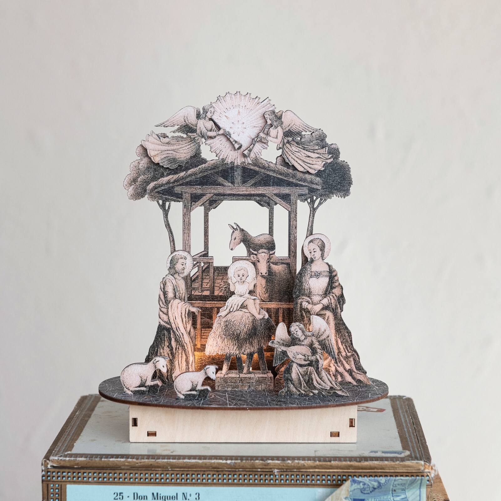 Hello Honey® 7.75" Laser-Cut Wood Nativity Scene with LED Light