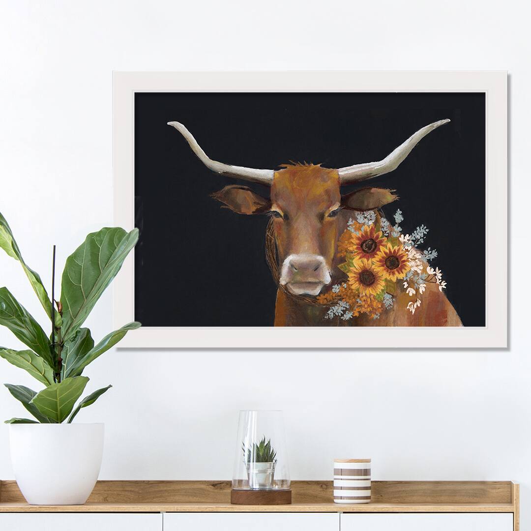Longhorn With Sunflowers 31.63&#x22; x 21.63&#x22; White Framed Canvas