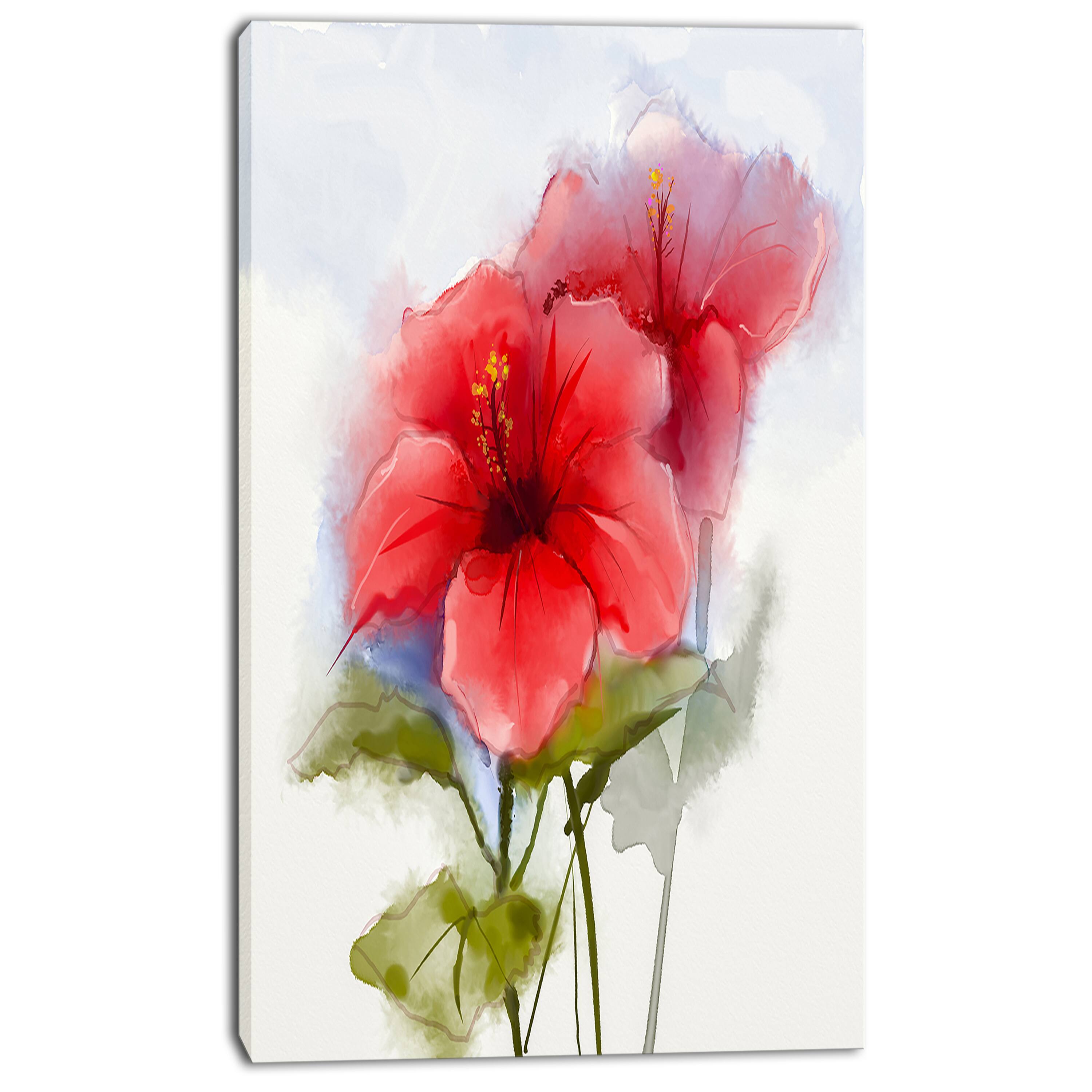 Designart - Watercolor Painting Red Hibiscus Flower - Large Floral Canvas Art Print