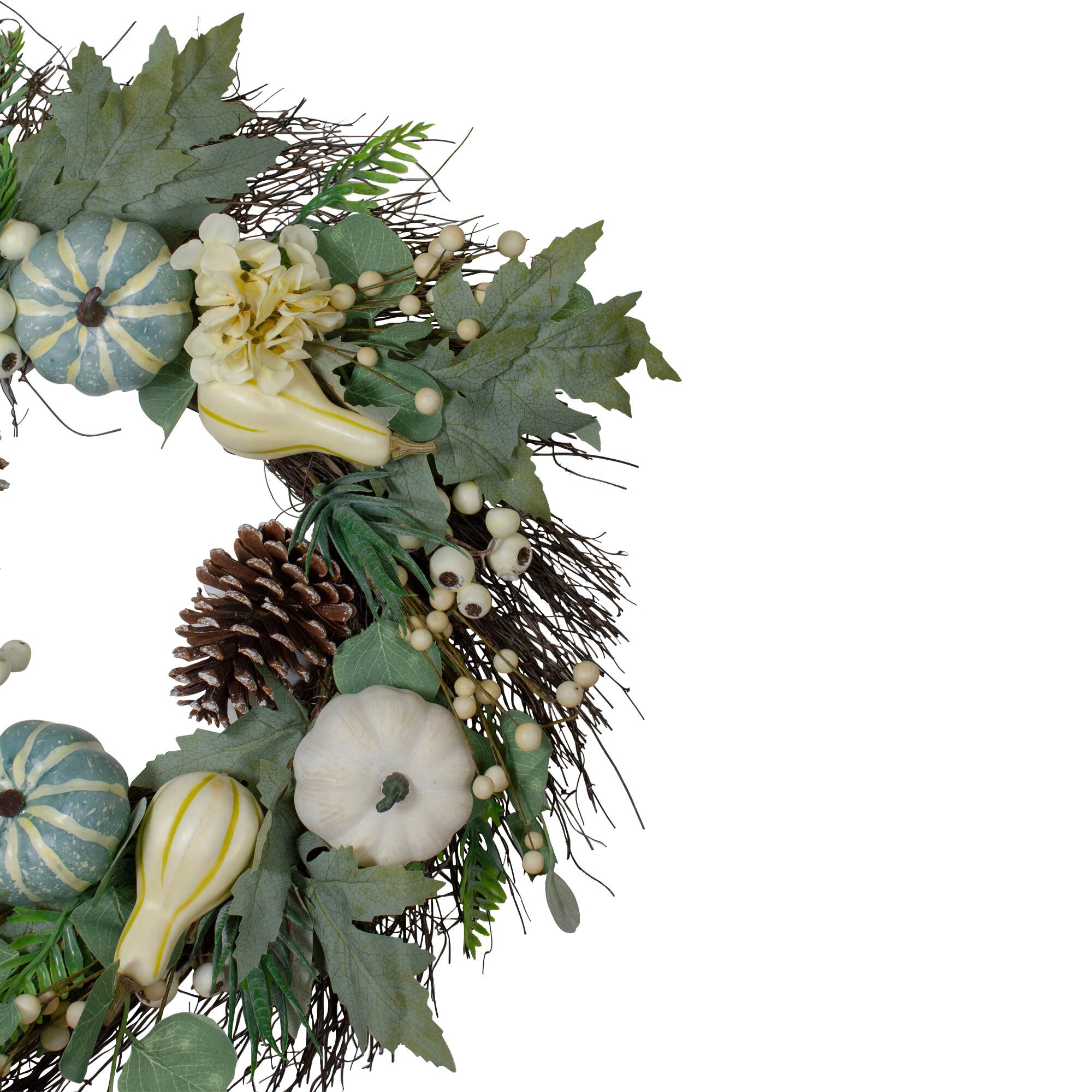 22&#x22; Green &#x26; White Pumpkins &#x26; Berries Fall Harvest Wreath