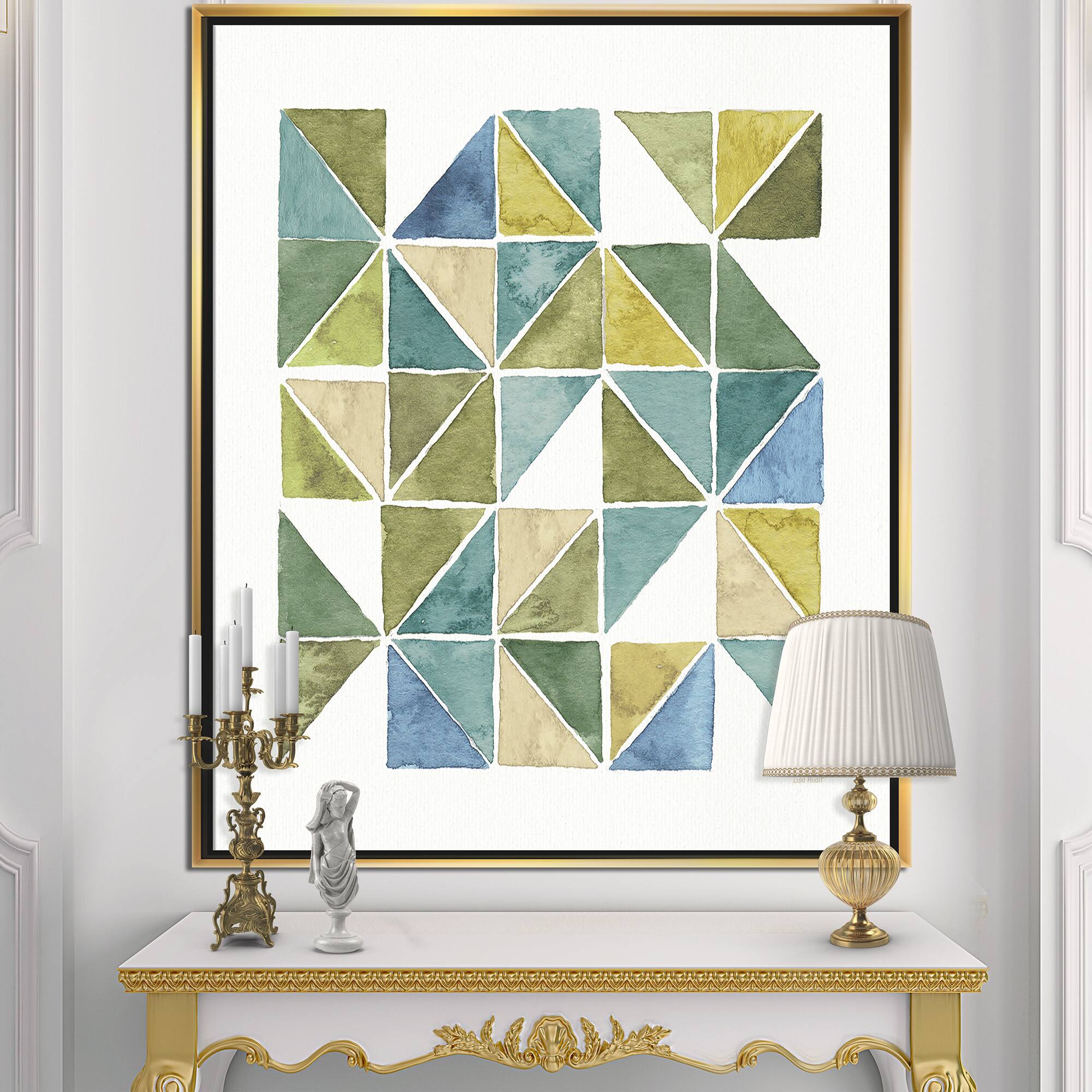 Designart - geometric Green Triangle I - Modern & Transitional Canvas in Gold Frame