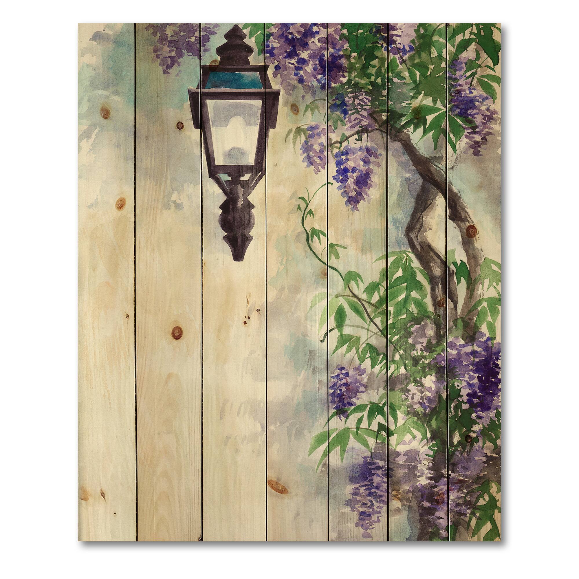 Designart - Lilac Lantern Vintage Impression - Traditional Print on Natural Pine Wood