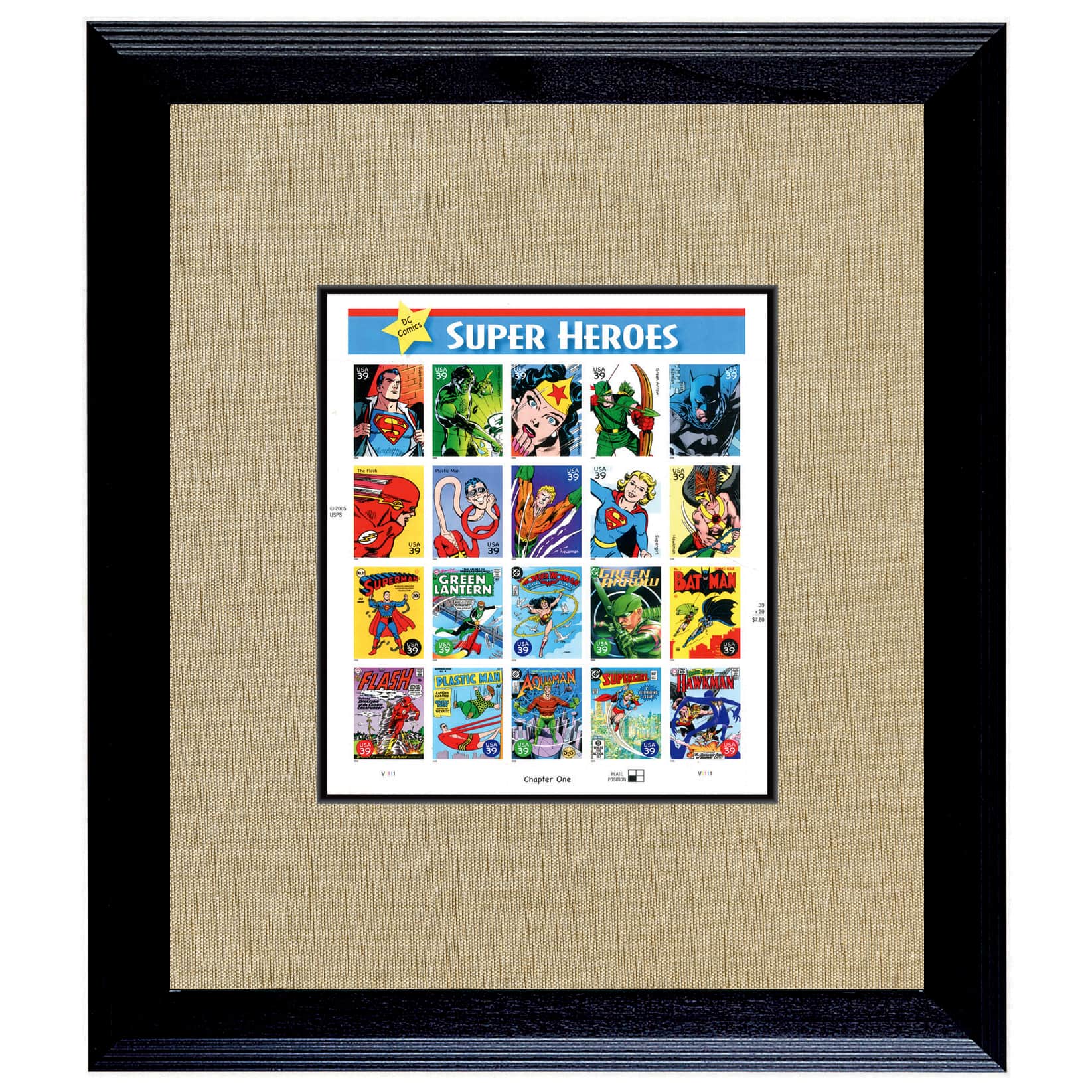 Super Heroes U.S. Stamp Sheet in 16" x 14" Wood Frame