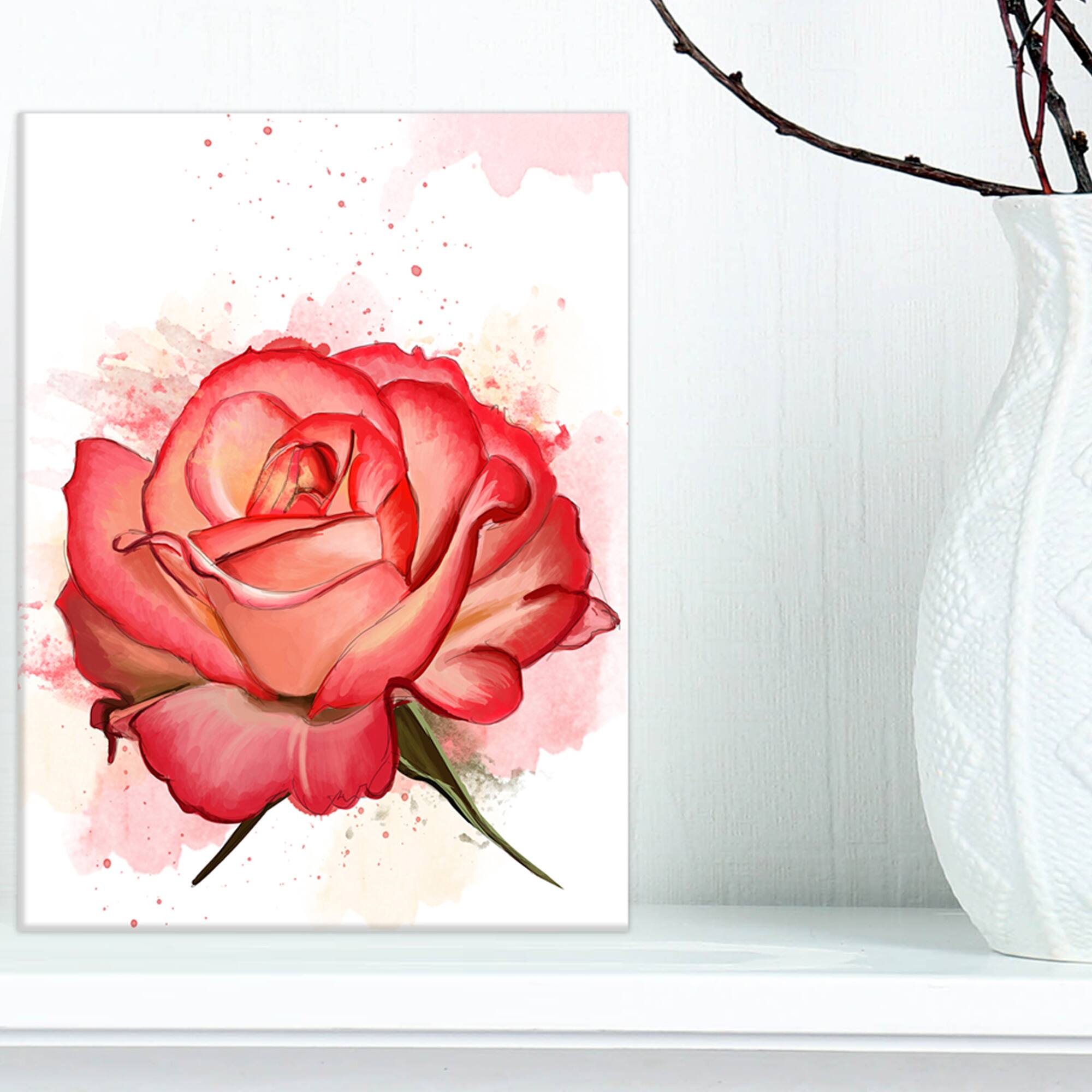 Designart - Red Rose with Splashes - Floral Canvas Art Print