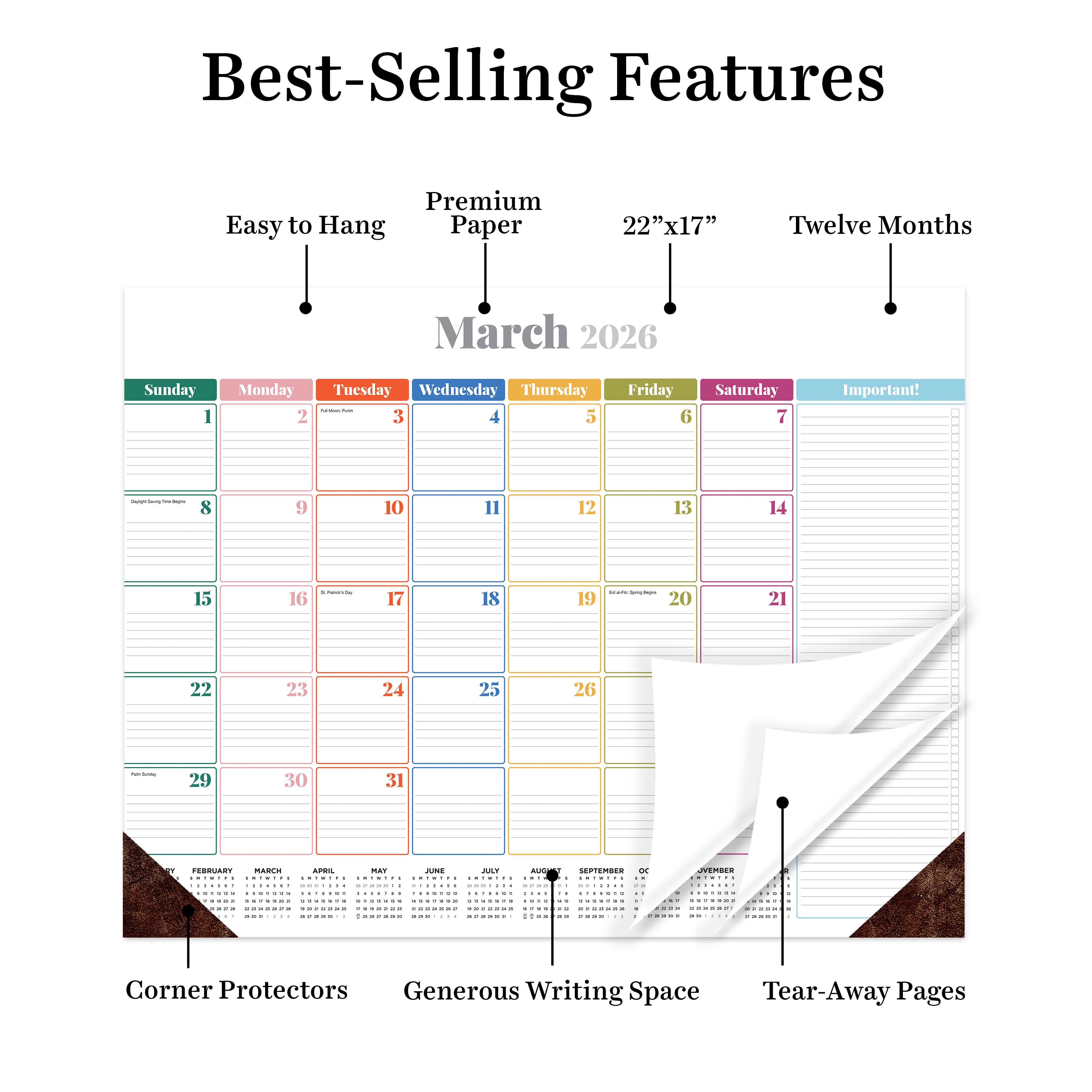 2026 Rainbow Blocks Large Desk Pad Monthly Blotter Calendar