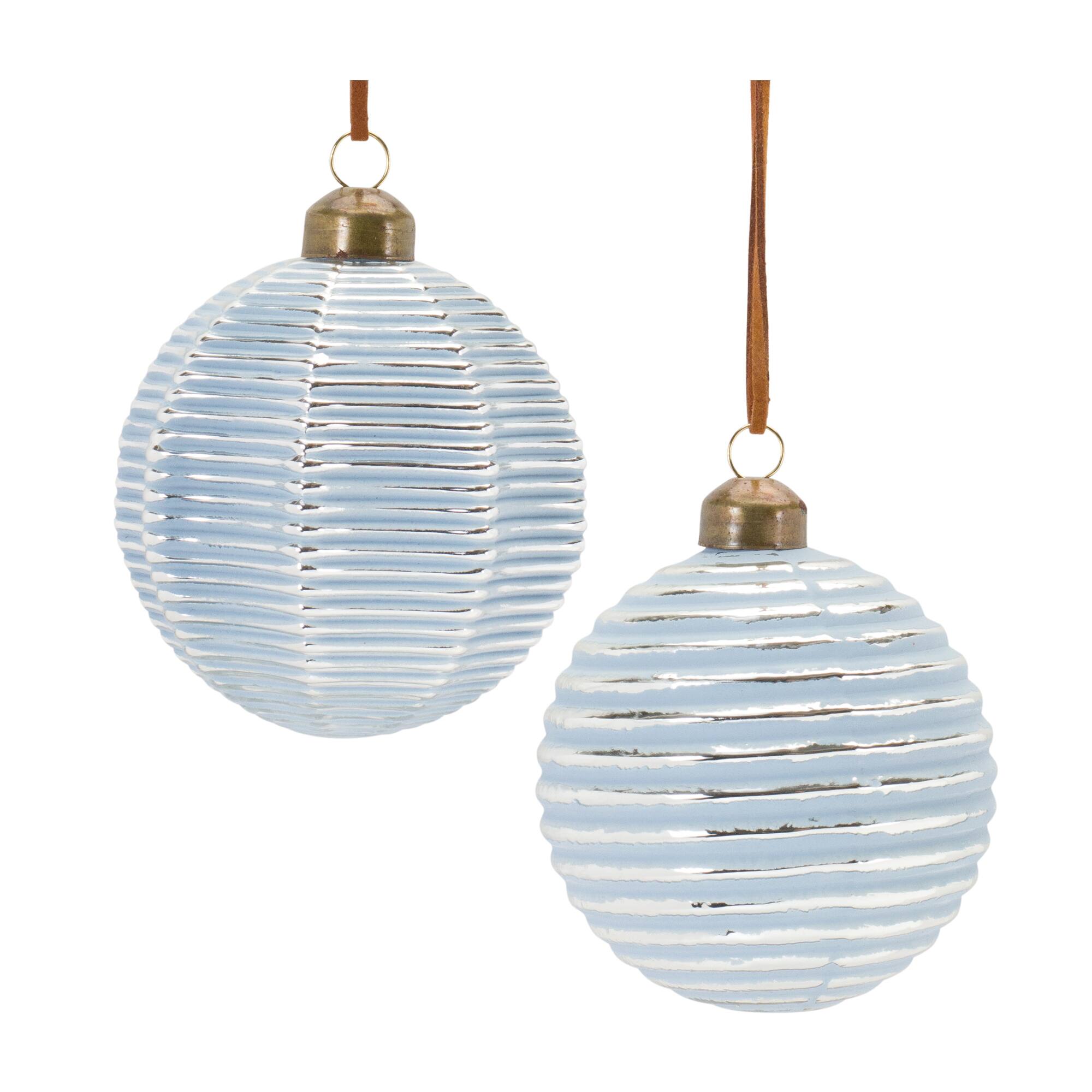 3&#x22; Ribbed Blue &#x26; White Glass Ball Ornament Set