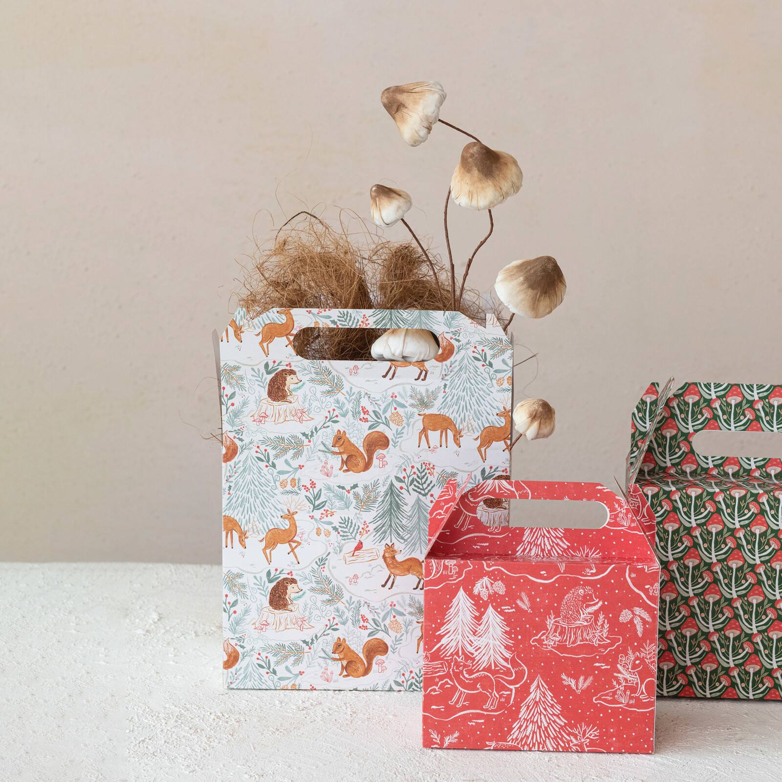 Hello Honey Multicolor Printed Flora &#x26; Fauna Pattern Paper Gift Boxes with Woodland Handles, 3ct.