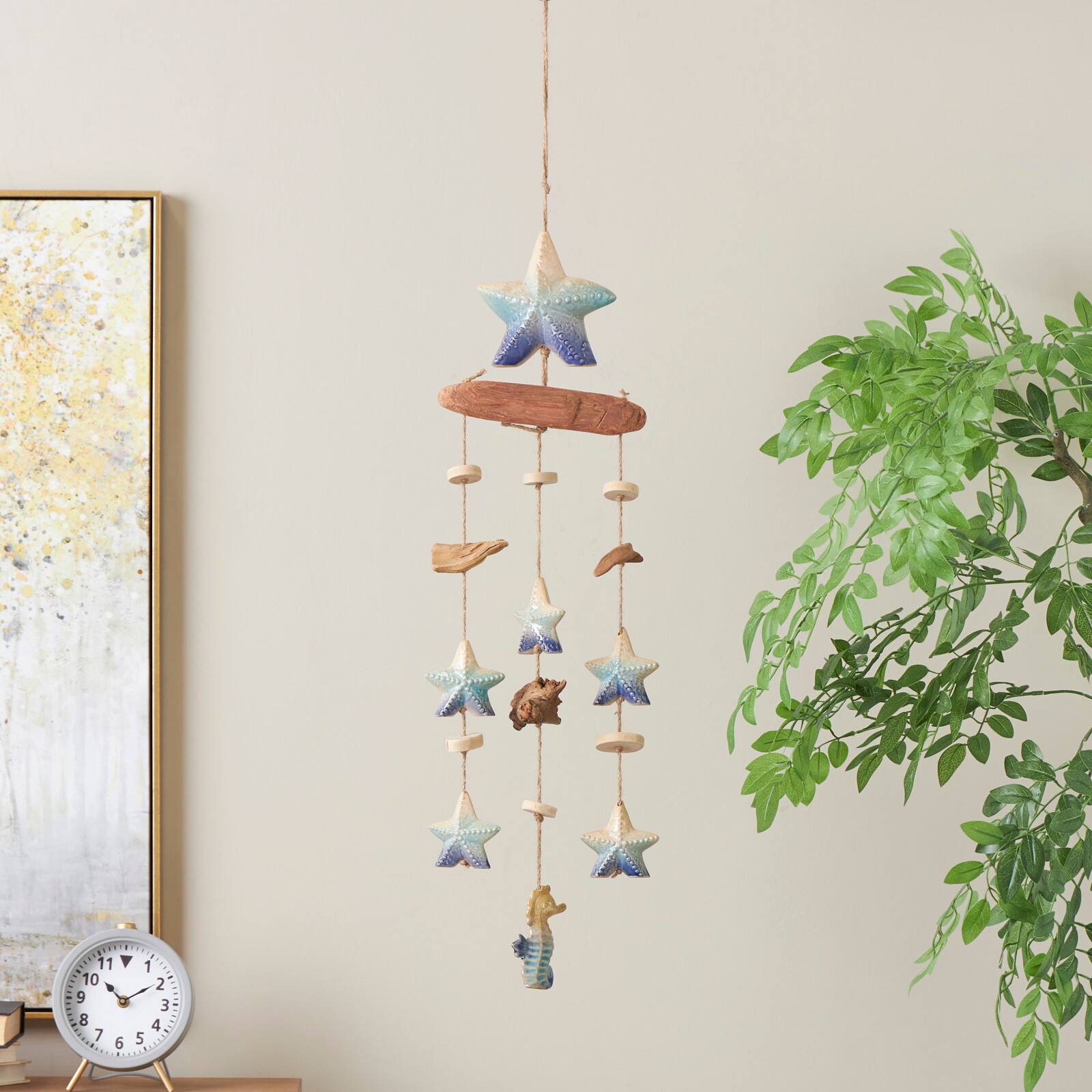 3ft. Blue Ceramic Starfish Handmade Ombre Windchime with Driftwood & Bead Accents