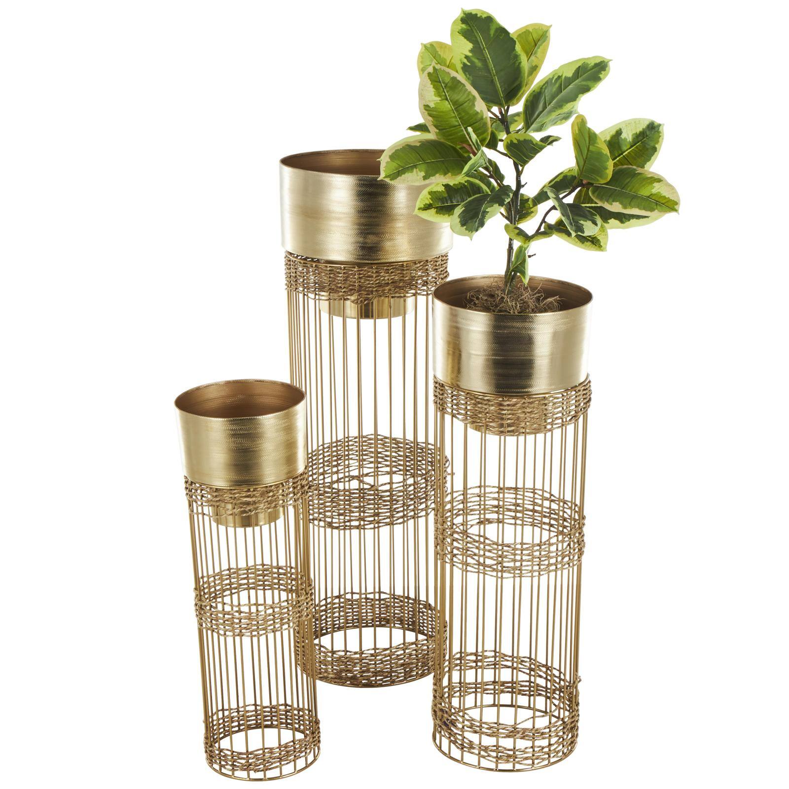 Gold Metal Textured Cylindrical Dome Planter &#x26; Pedestal Base Set