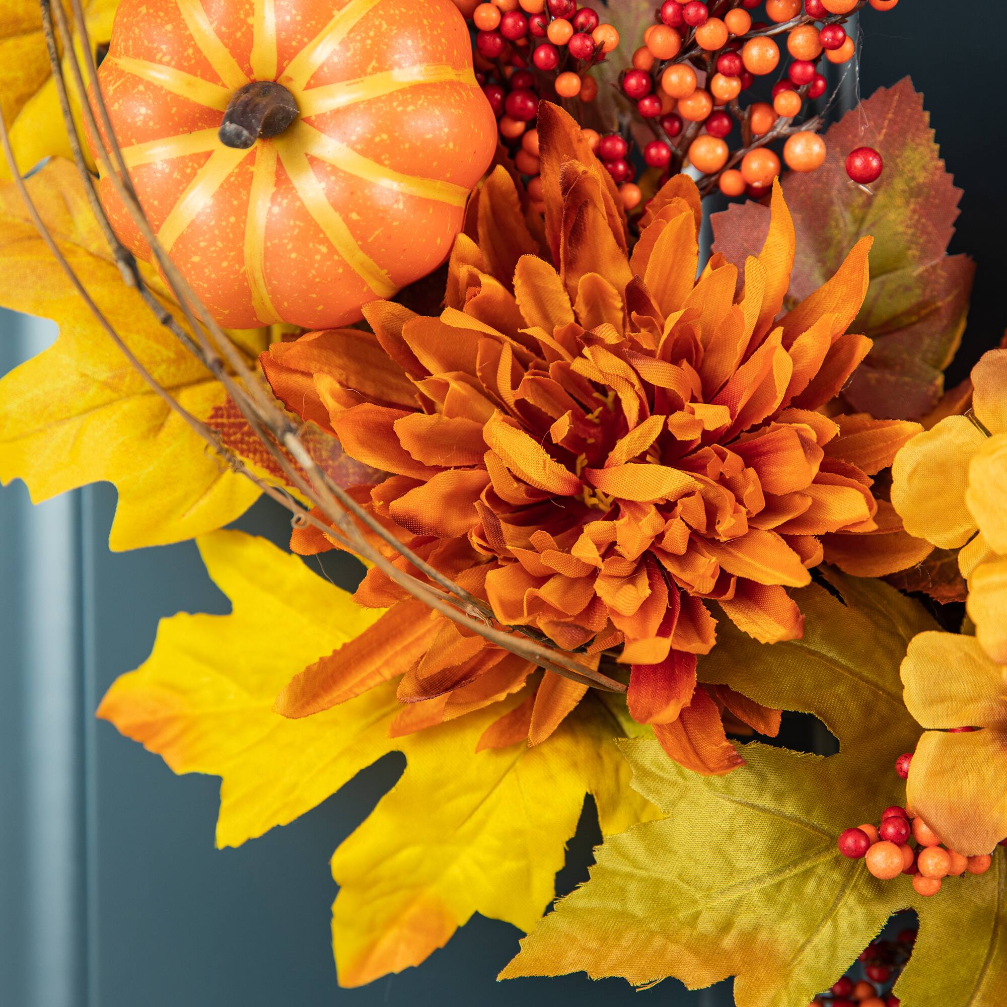 Glitzhome® 24" Fall Dahlia, Pumpkin, Leaf & Berry Wreath